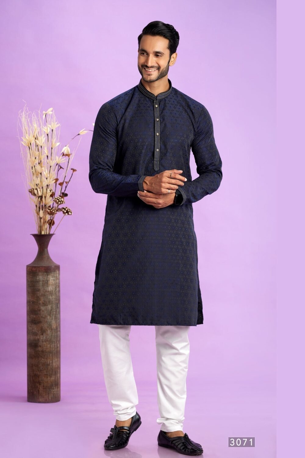 Blue Jacquard Art Silk Readymade Man Kurta Set With Off White Churidar