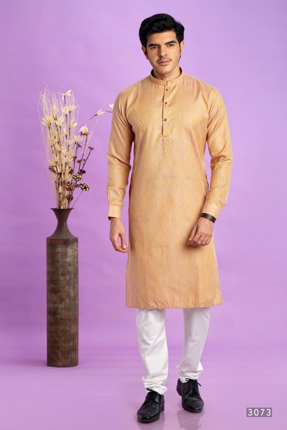 Brown Jacquard Art Silk Readymade Man Kurta Set With Off White Churidar