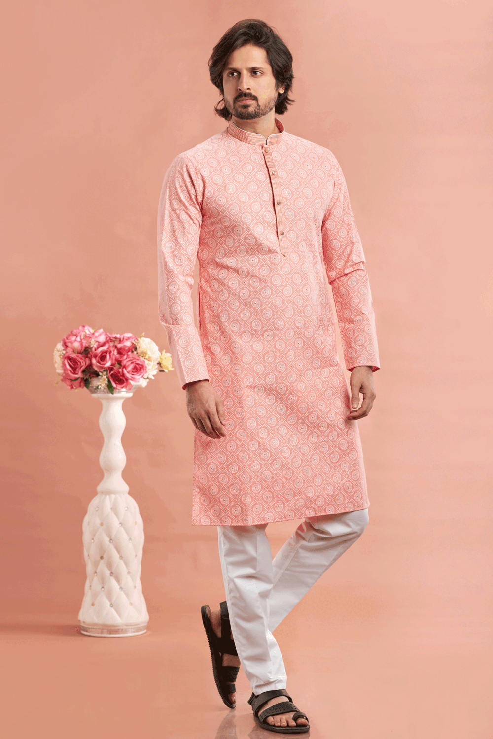 Pink Cotton Digital Print Readymade Kurta Set For Man
