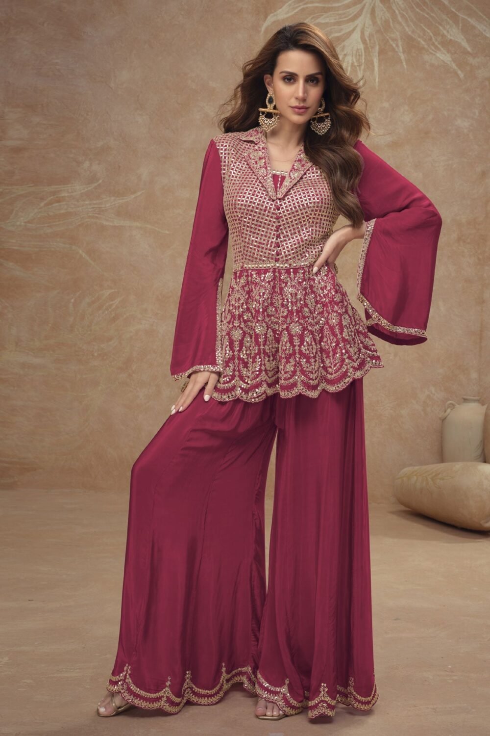 Maroon Readymade CO-Ord Palazzo Suit For Woman In Chinnon Silk