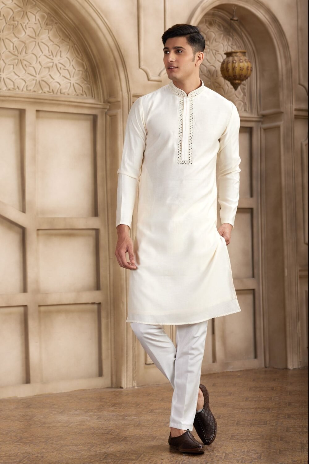 Cream Banarasi Art Silk Mirror Work Readymade Men Kurta Pajama Set