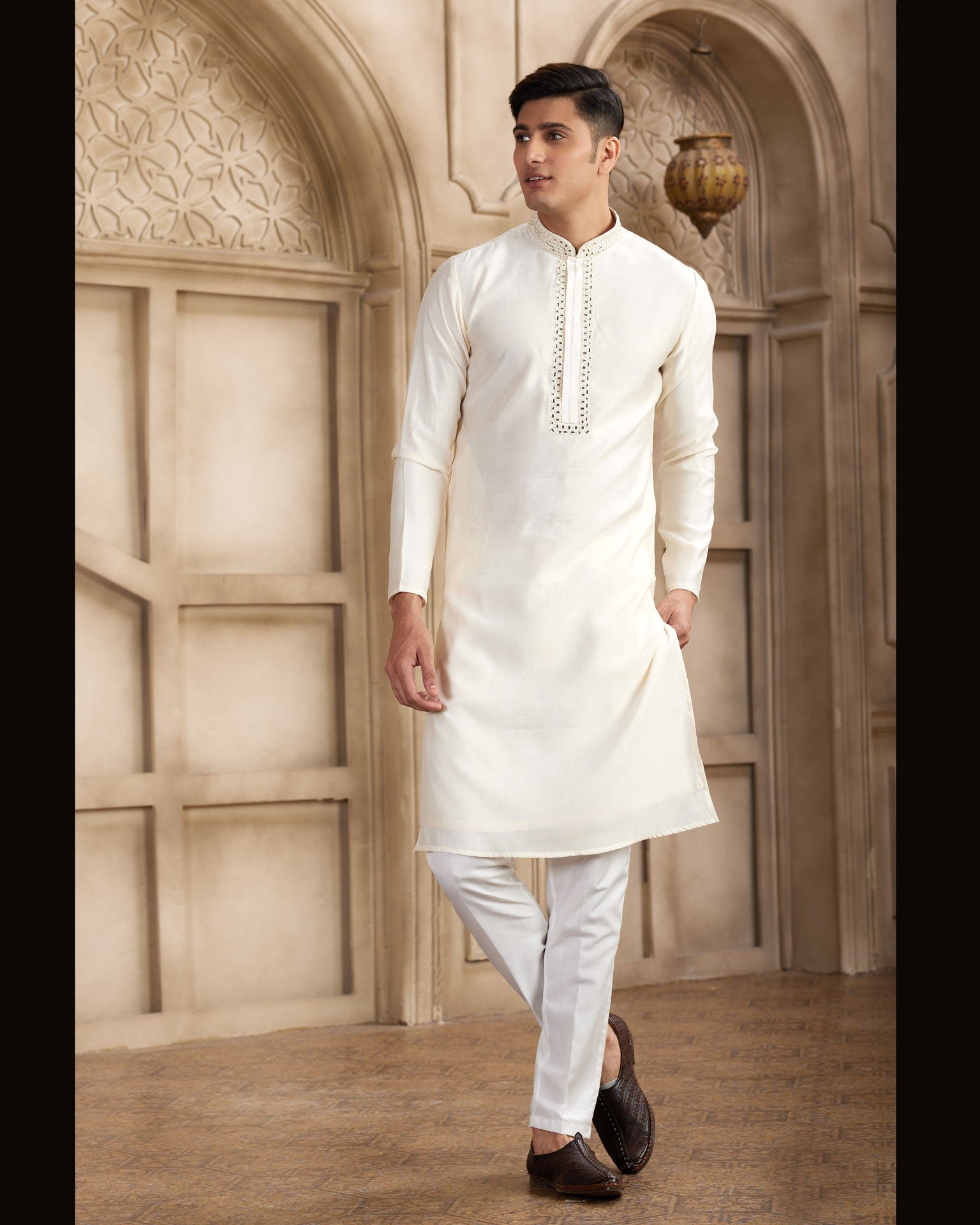 Cream Banarasi Art Silk Mirror Work Readymade Men Kurta Pajama Set