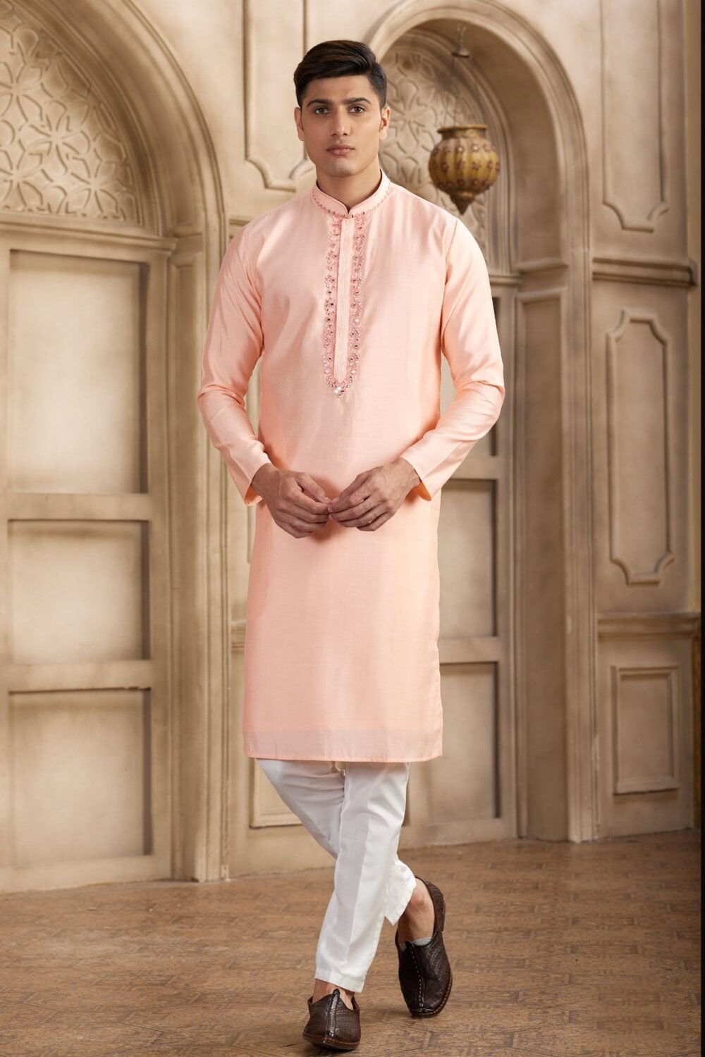 Pink Banarasi Art Silk Mirror Work Readymade Men Kurta Pajama Set