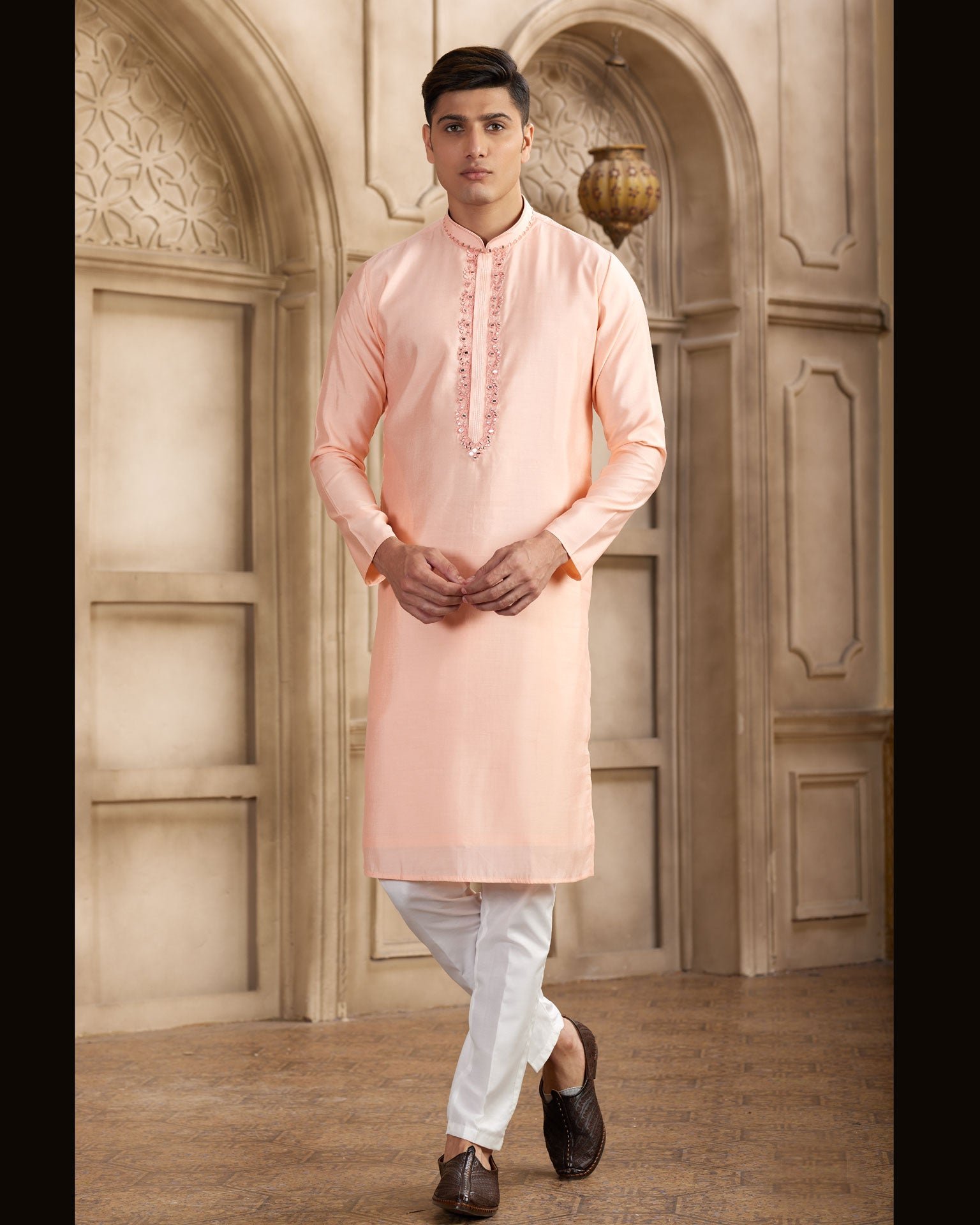 Pink Banarasi Art Silk Mirror Work Readymade Men Kurta Pajama Set