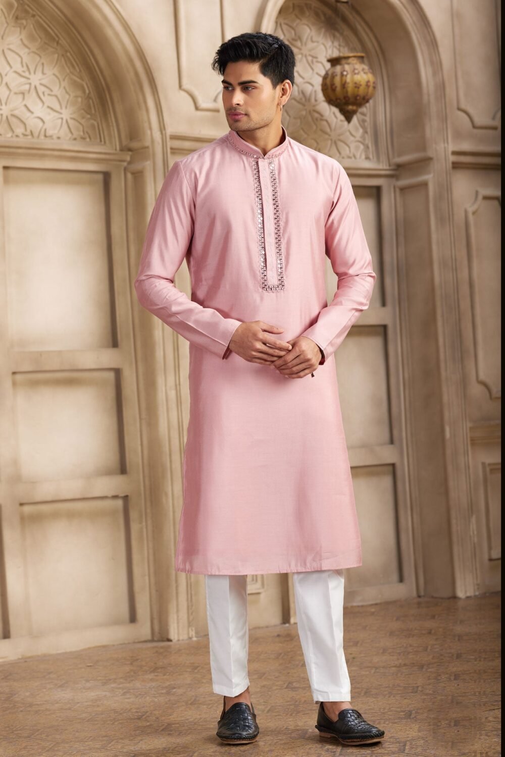 Dark Pink Banarasi Art Silk Mirror Work Readymade Men Kurta Pajama Set