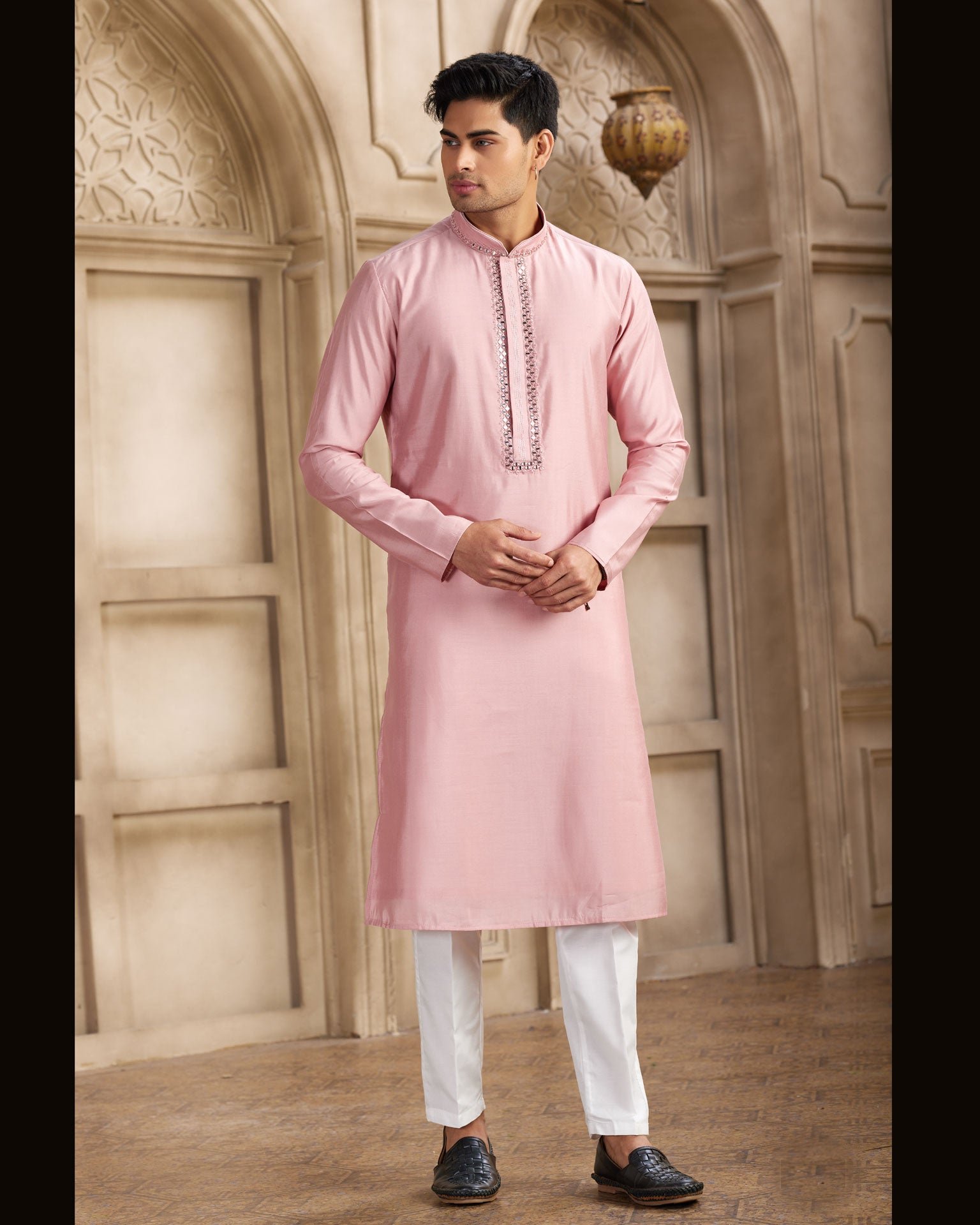 Dark Pink Banarasi Art Silk Mirror Work Readymade Men Kurta Pajama Set