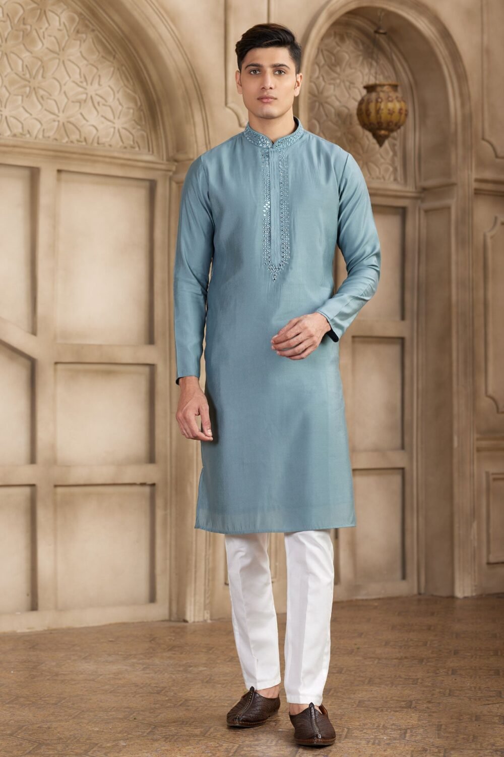 Grey Banarasi Art Silk Mirror Work Readymade Men Kurta Pajama Set