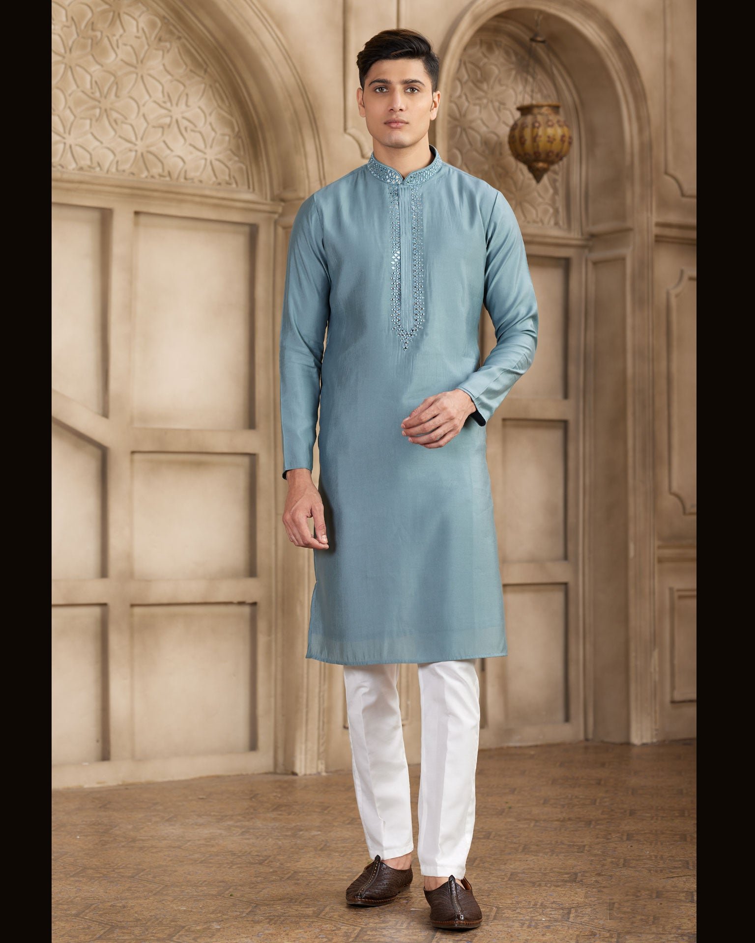Grey Banarasi Art Silk Mirror Work Readymade Men Kurta Pajama Set
