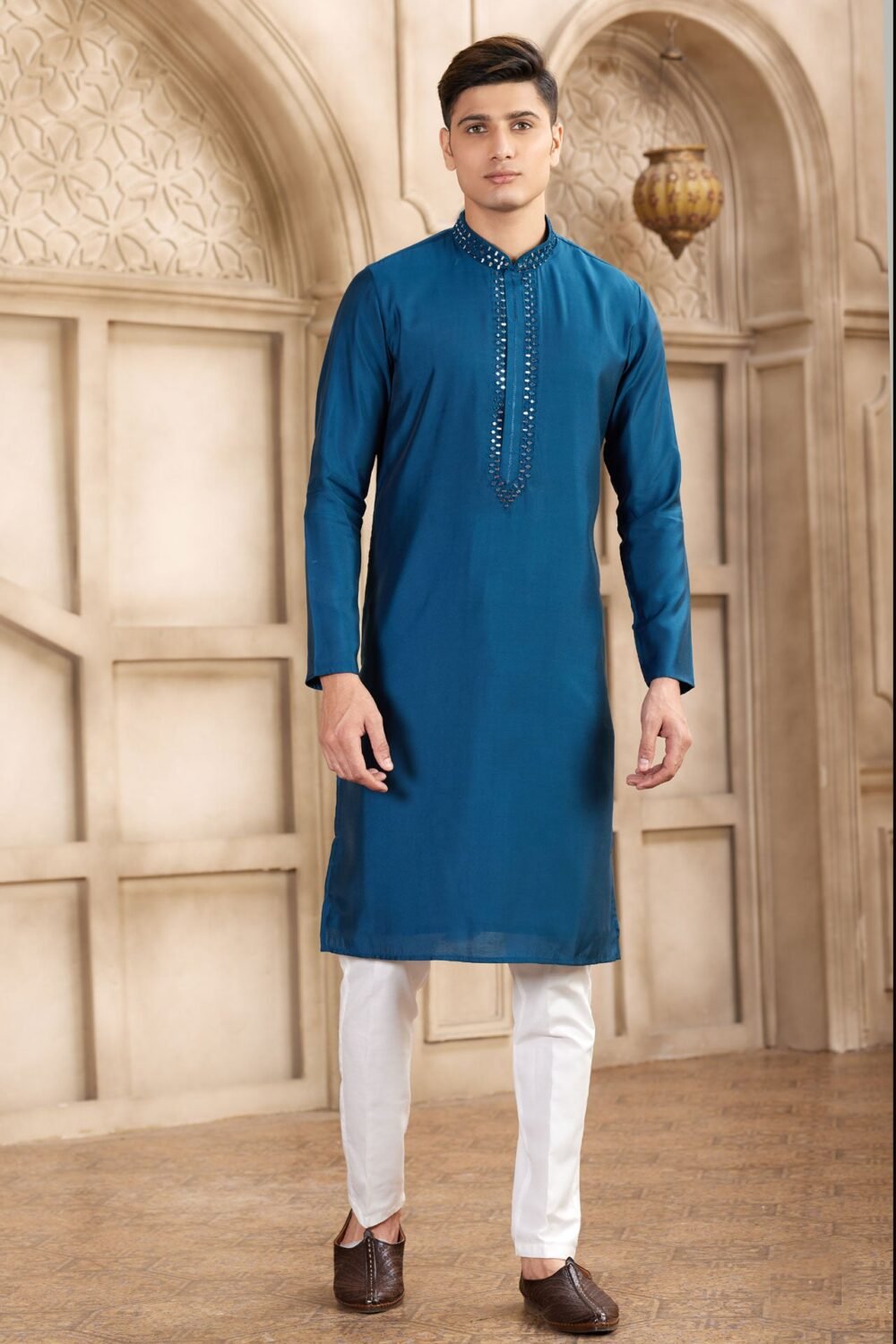 Blue Banarasi Art Silk Mirror Work Readymade Men Kurta Pajama Set