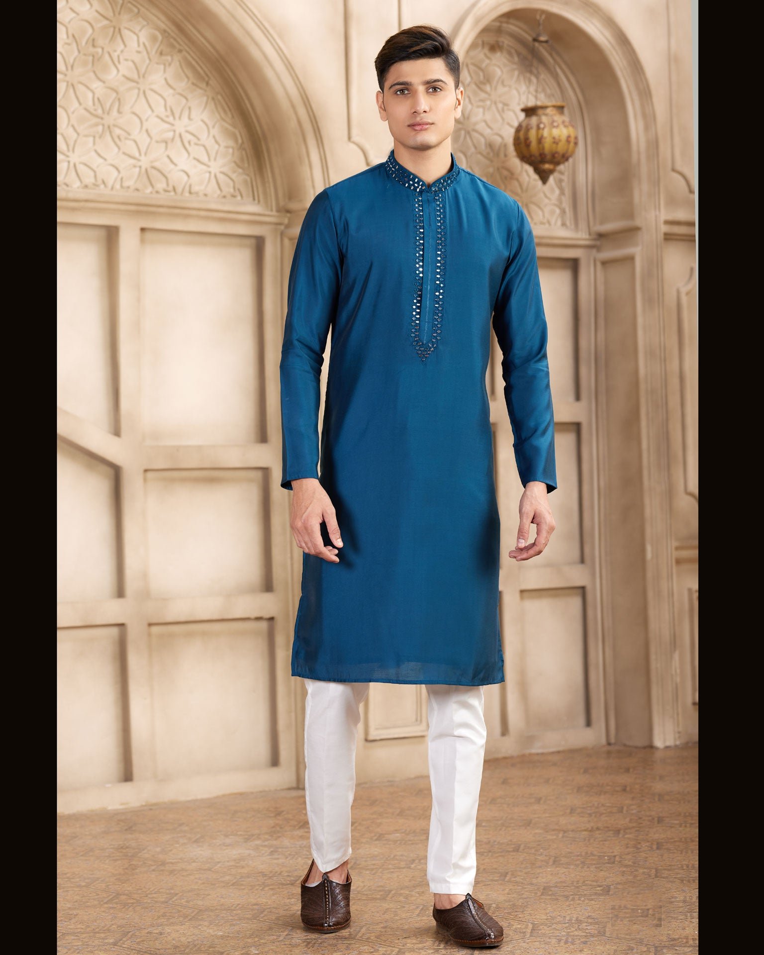 Blue Banarasi Art Silk Mirror Work Readymade Men Kurta Pajama Set
