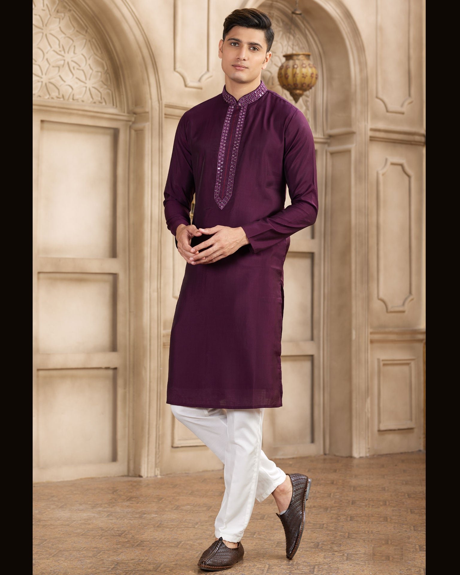 Wine Banarasi Art Silk Mirror Work Readymade Men Kurta Pajama Set
