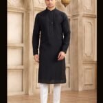Black Banarasi Art Silk Mirror Work Readymade Men Kurta Pajama Set