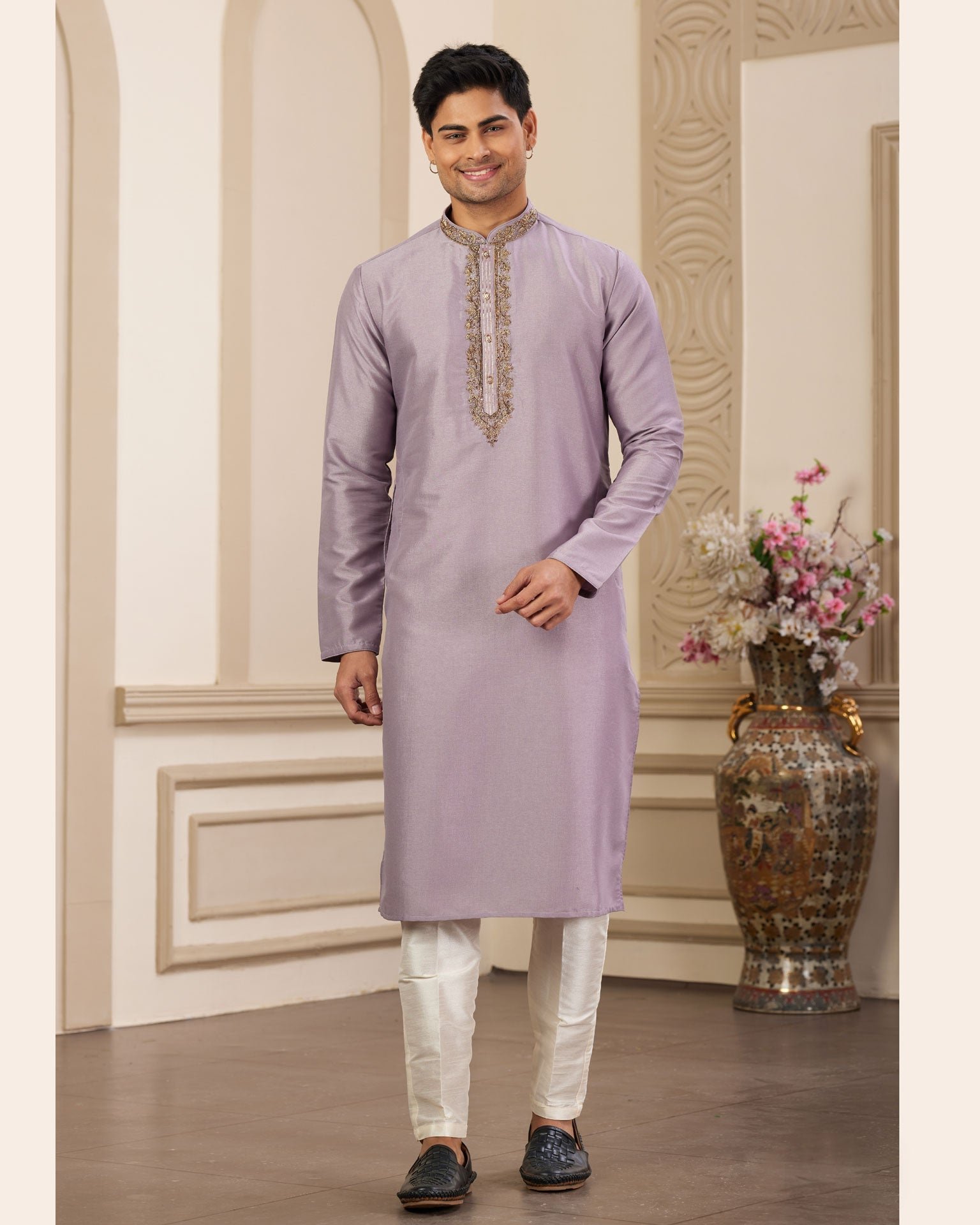 Purple Hand Work Banarasi Art Silk Readymade Man Kurta Pajama Set