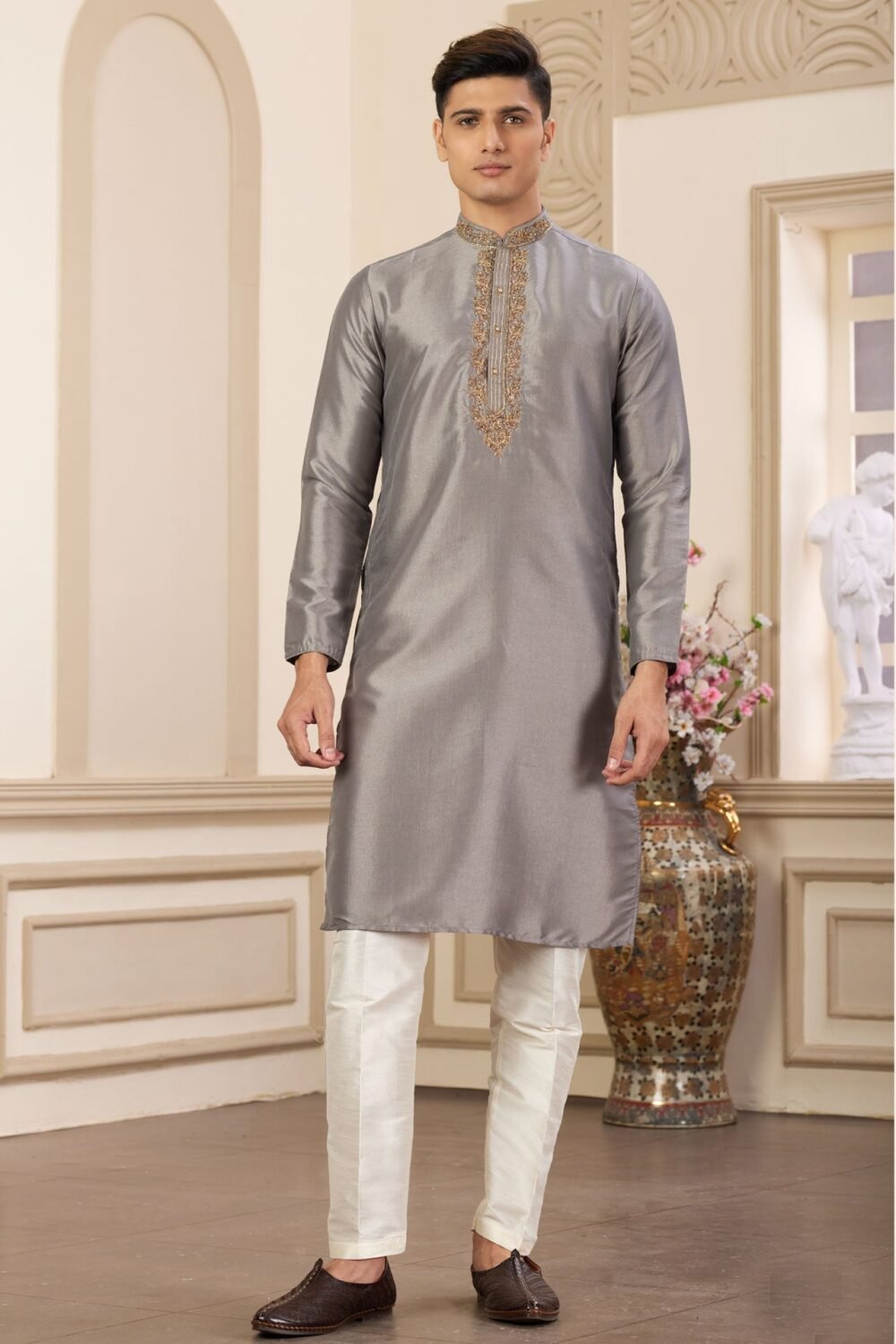 Grey Hand Work Banarasi Art Silk Readymade Man Kurta Pajama Set