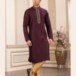 Wine Hand Work Banarasi Art Silk Readymade Man Kurta Pajama Set