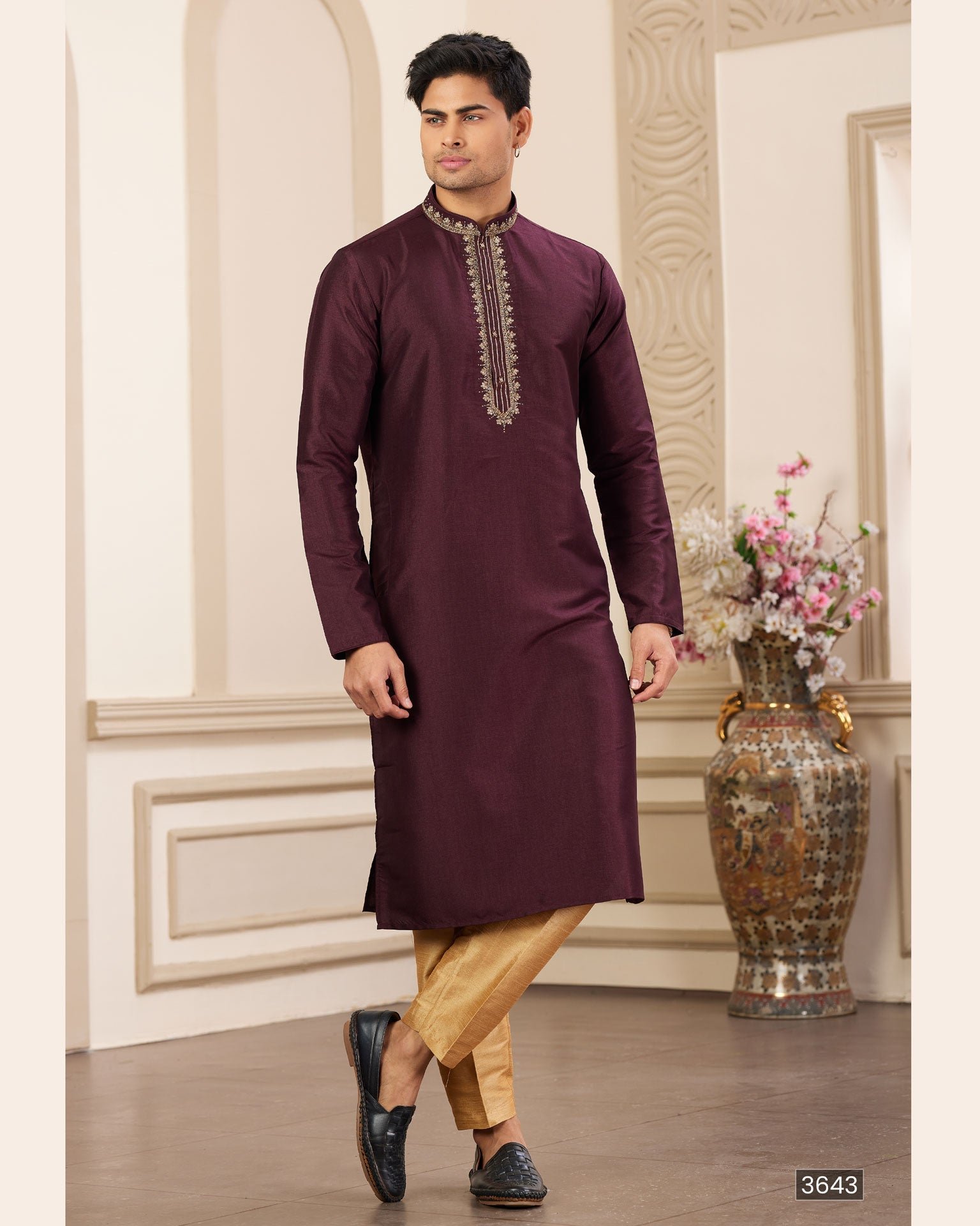 Wine Hand Work Banarasi Art Silk Readymade Man Kurta Pajama Set