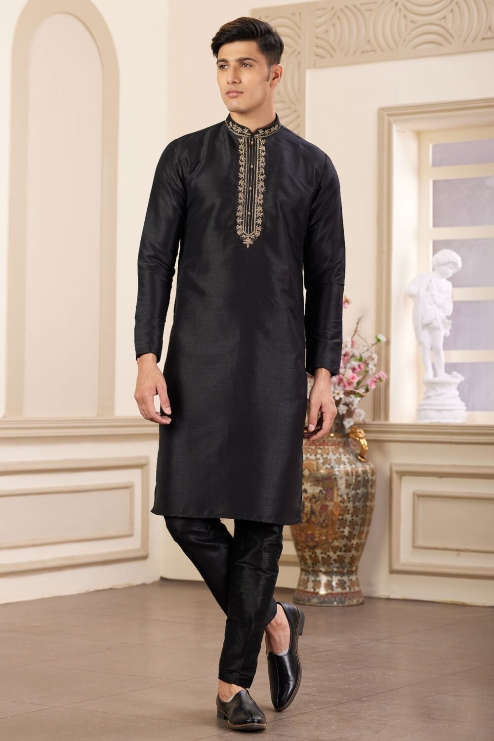 Black Hand Work Banarasi Art Silk Readymade Man Kurta Pajama Set