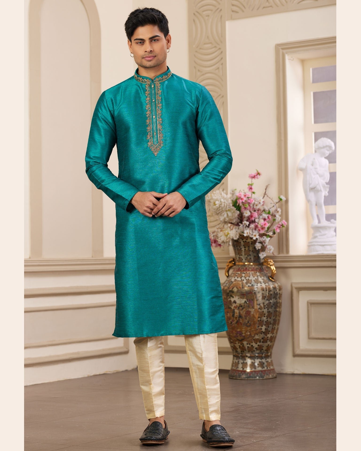 Teal Green Hand Work Banarasi Art Silk Readymade Man Kurta Pajama Set