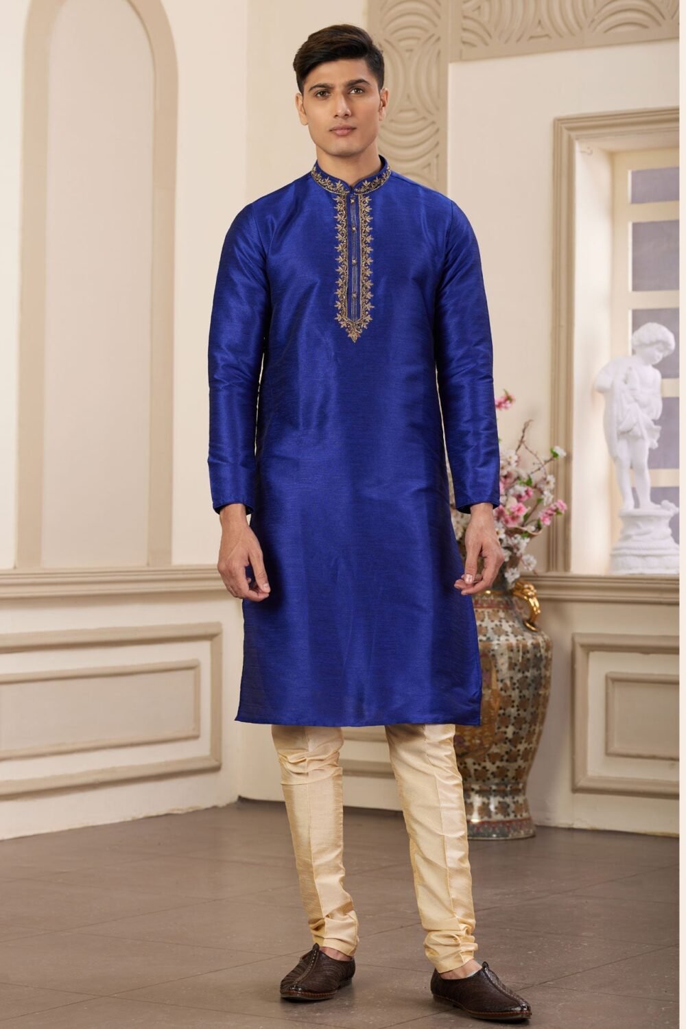Blue Hand Work Banarasi Art Silk Readymade Man Kurta Pajama Set