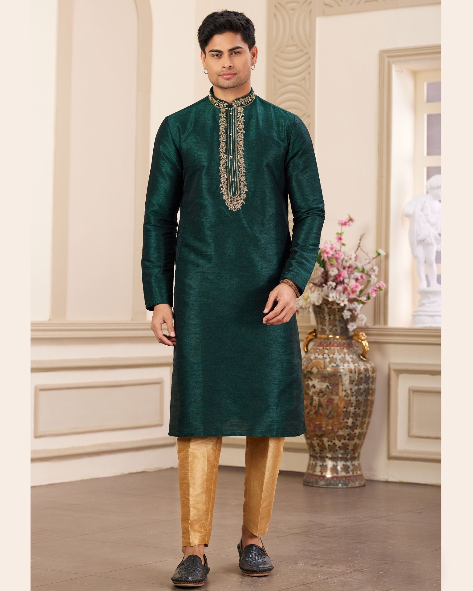 Green Hand Work Banarasi Art Silk Readymade Man Kurta Pajama Set
