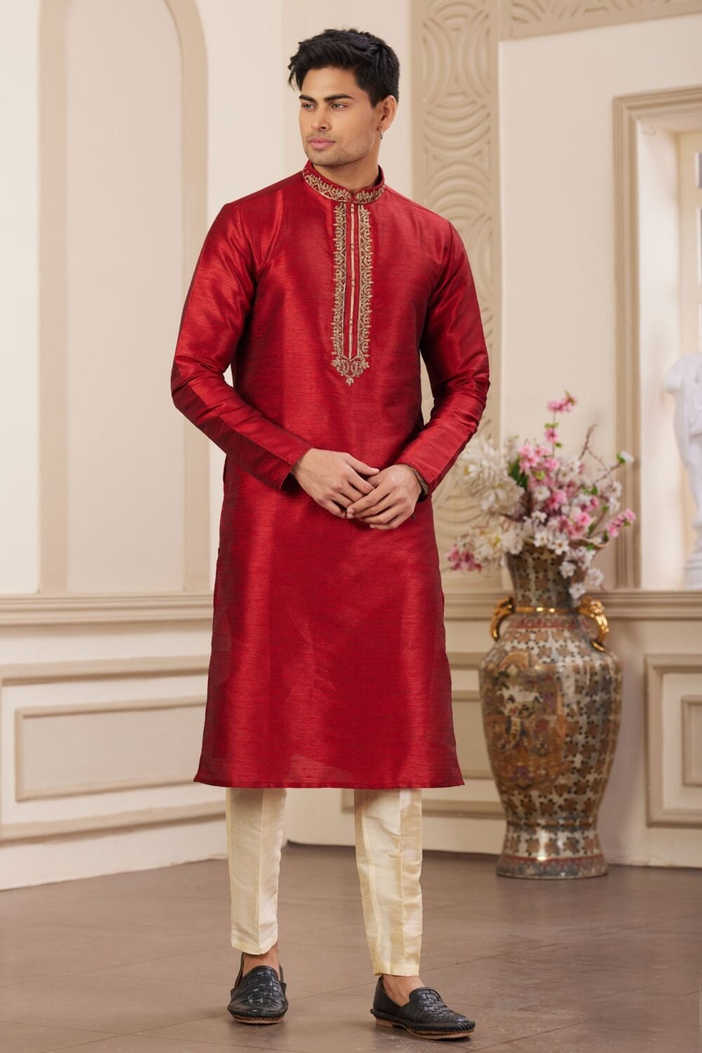 Maroon Hand Work Banarasi Art Silk Readymade Man Kurta Pajama Set