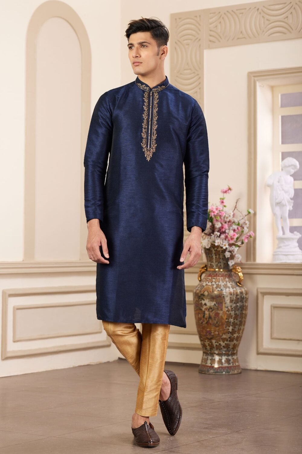 Blue Hand Work Banarasi Art Silk Readymade Man Kurta Pajama Set