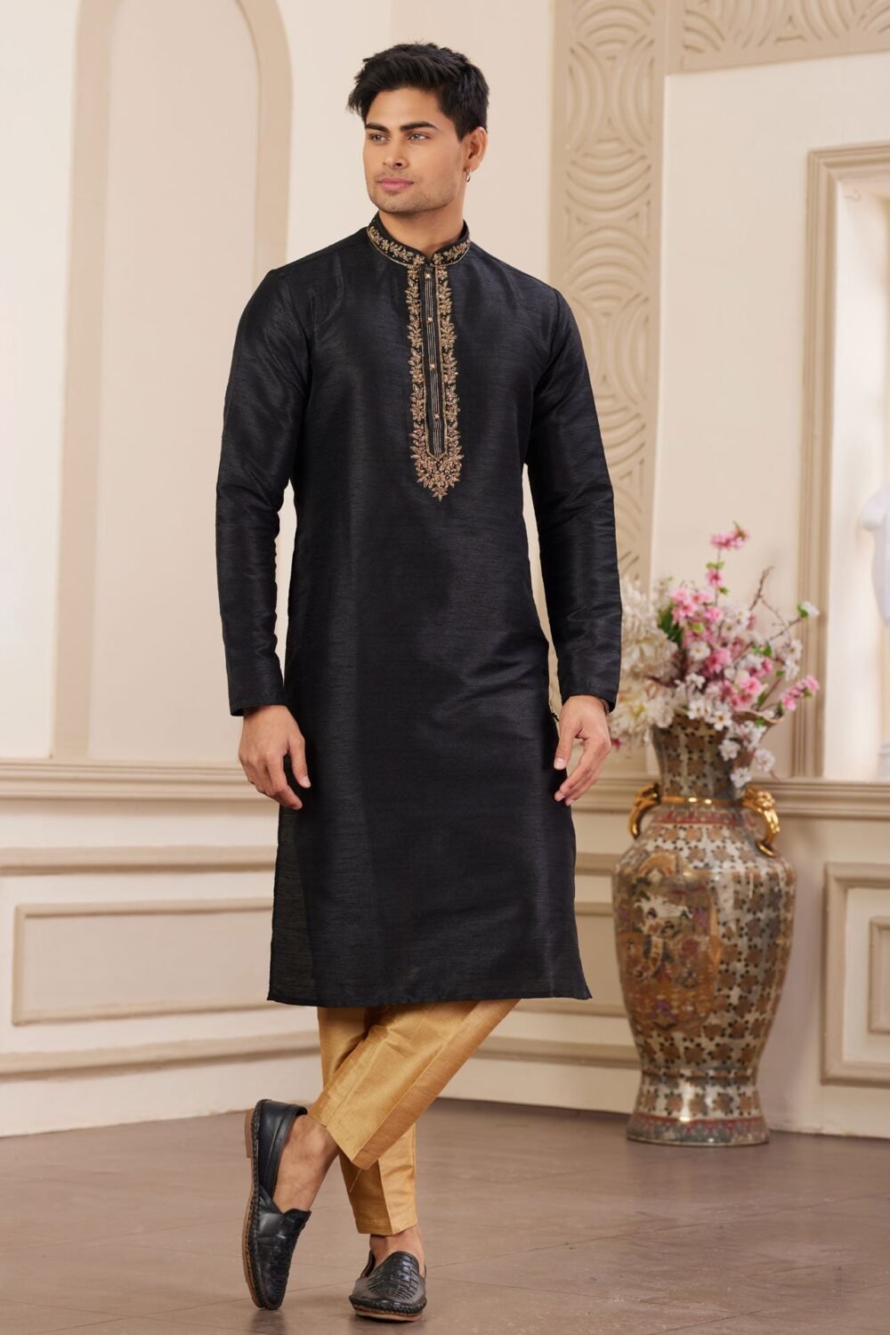 Black Hand Work Banarasi Art Silk Readymade Man Kurta Pajama Set