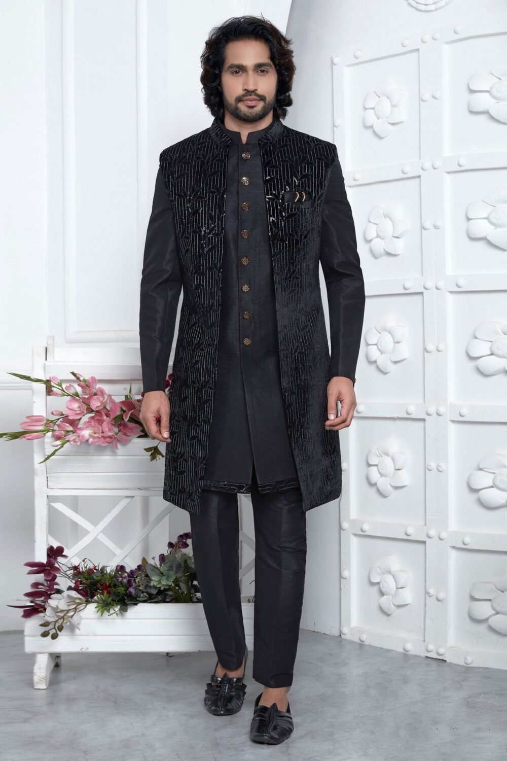 Black Velvet Silk  Ethnic Wear Man Three Piece Jacket Set