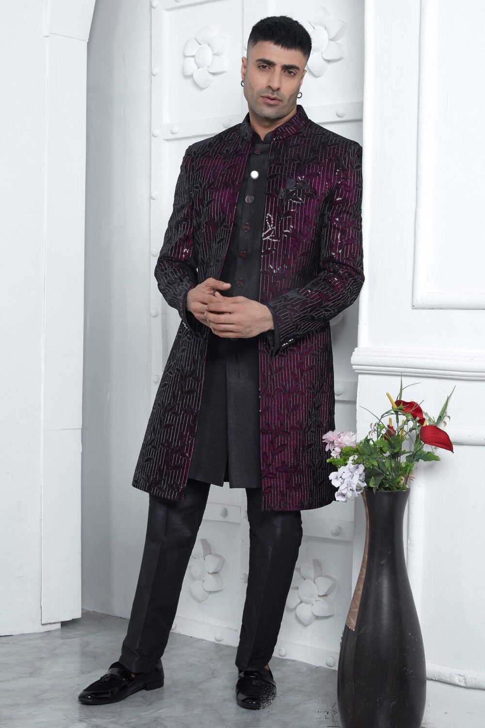 Black/Wine Velvet Silk  Ethnic Wear Man Three Piece Jacket Set