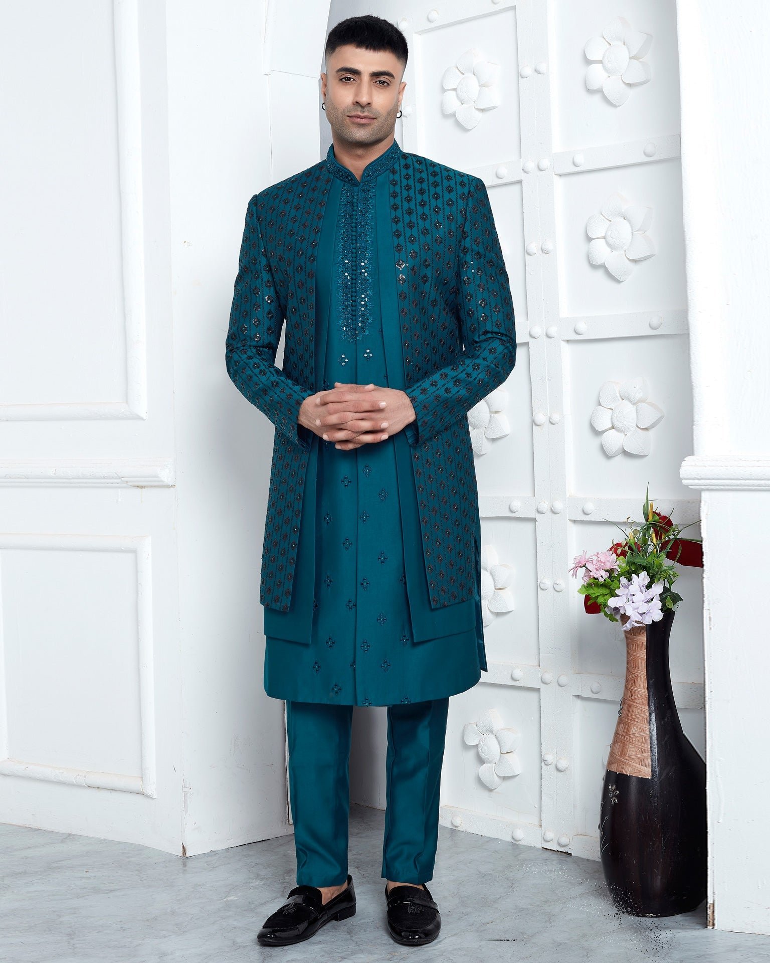 Teal Blue Art Silk Ethnic Wear Man Three Piece Jacket Set