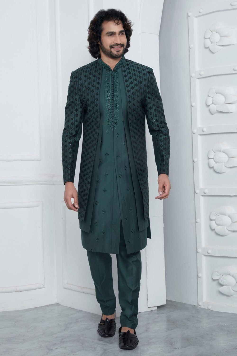 Green Art Silk  Ethnic Wear Man Three Piece Jacket Set