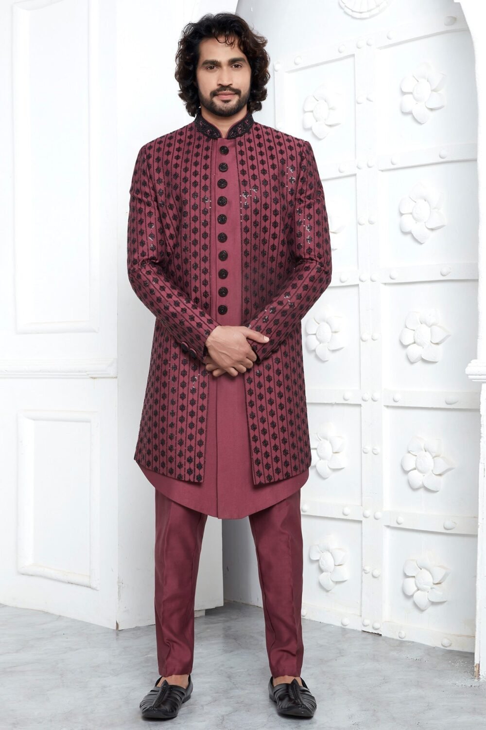 Maroon Art Silk  Ethnic Wear Man Three Piece Jacket Set