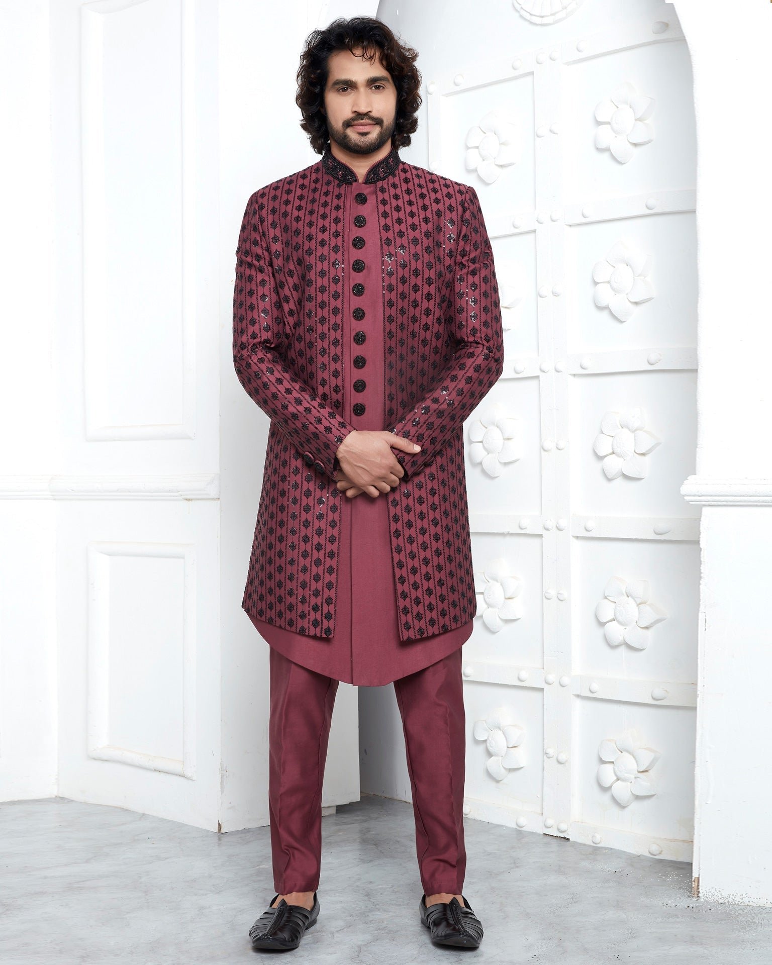 Maroon Art Silk Ethnic Wear Man Three Piece Jacket Set