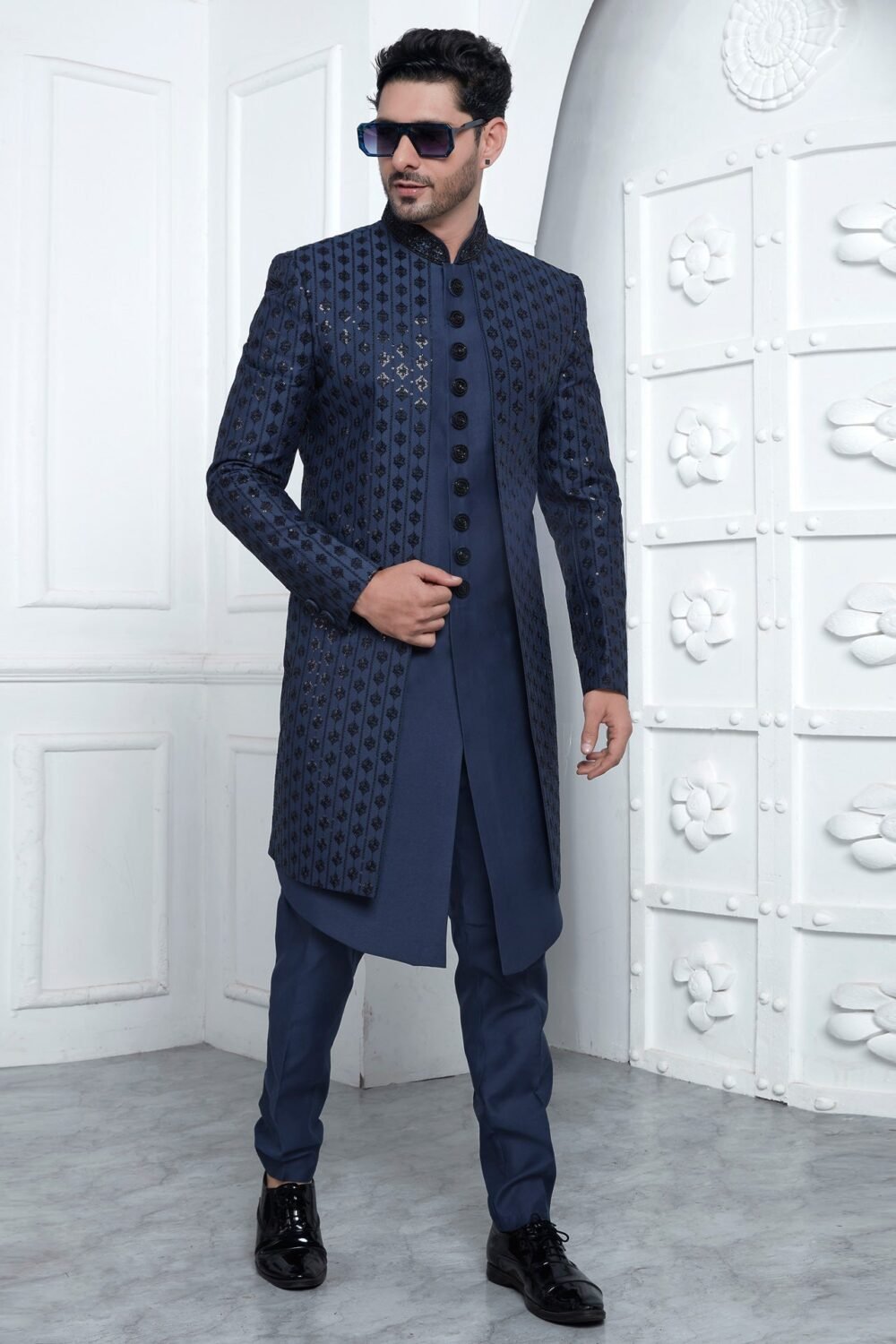 Blue Art Silk  Ethnic Wear Man Three Piece Jacket Set