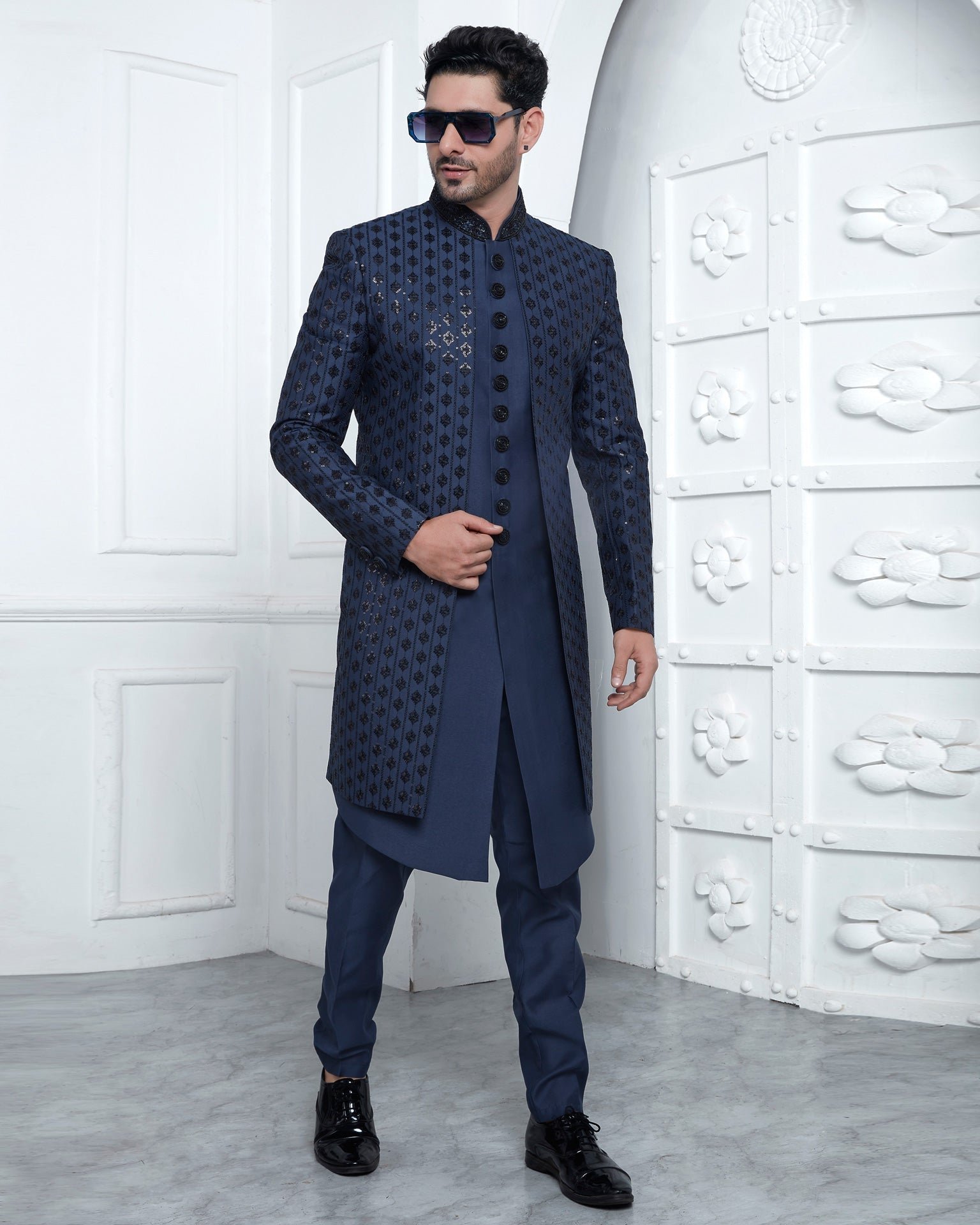 Blue Art Silk Ethnic Wear Man Three Piece Jacket Set