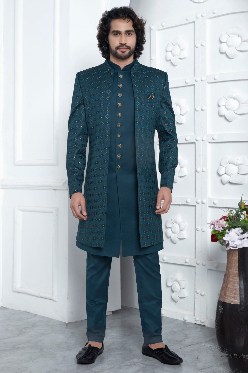 Green Art Silk  Ethnic Wear Man Three Piece Jacket Set