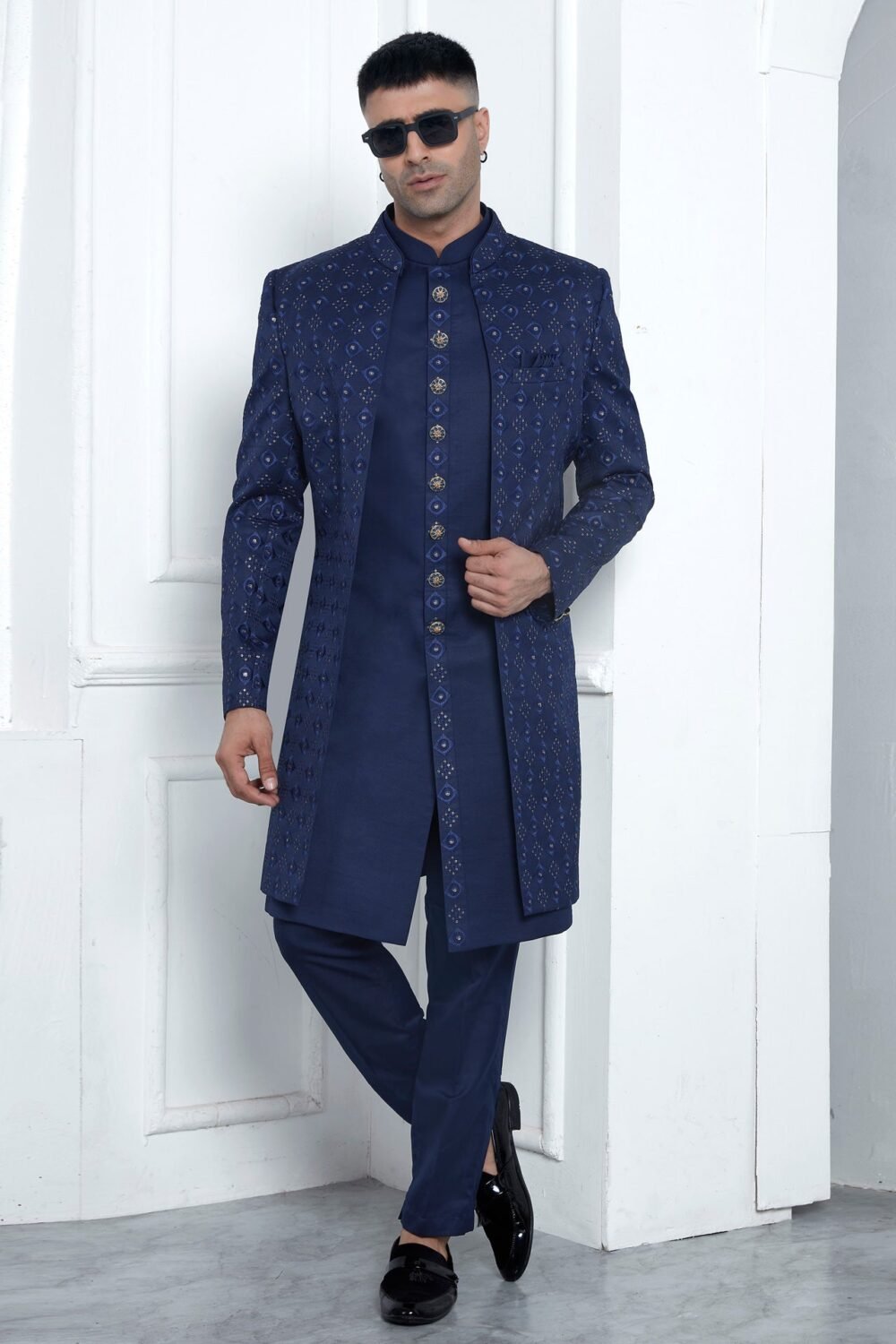 Blue Art Silk  Ethnic Wear Man Three Piece Jacket Set