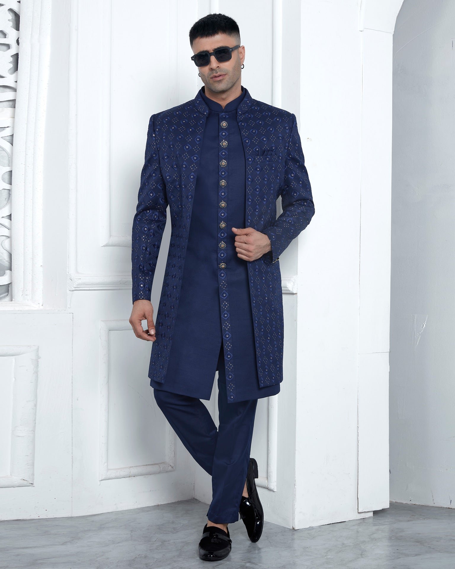Blue Art Silk Ethnic Wear Man Three Piece Jacket Set