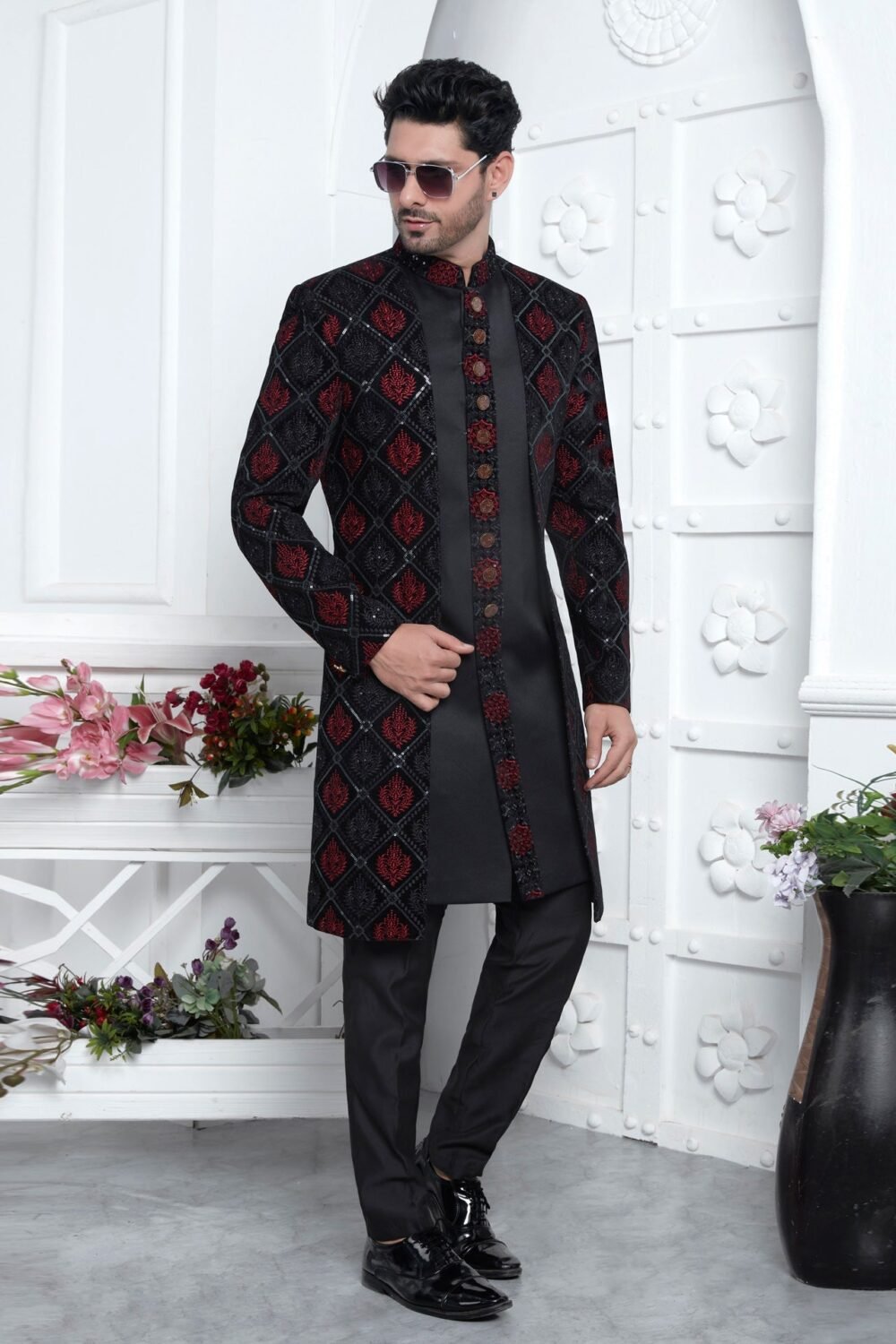 Black Velvet Silk  Ethnic Wear Man Three Piece Jacket Set