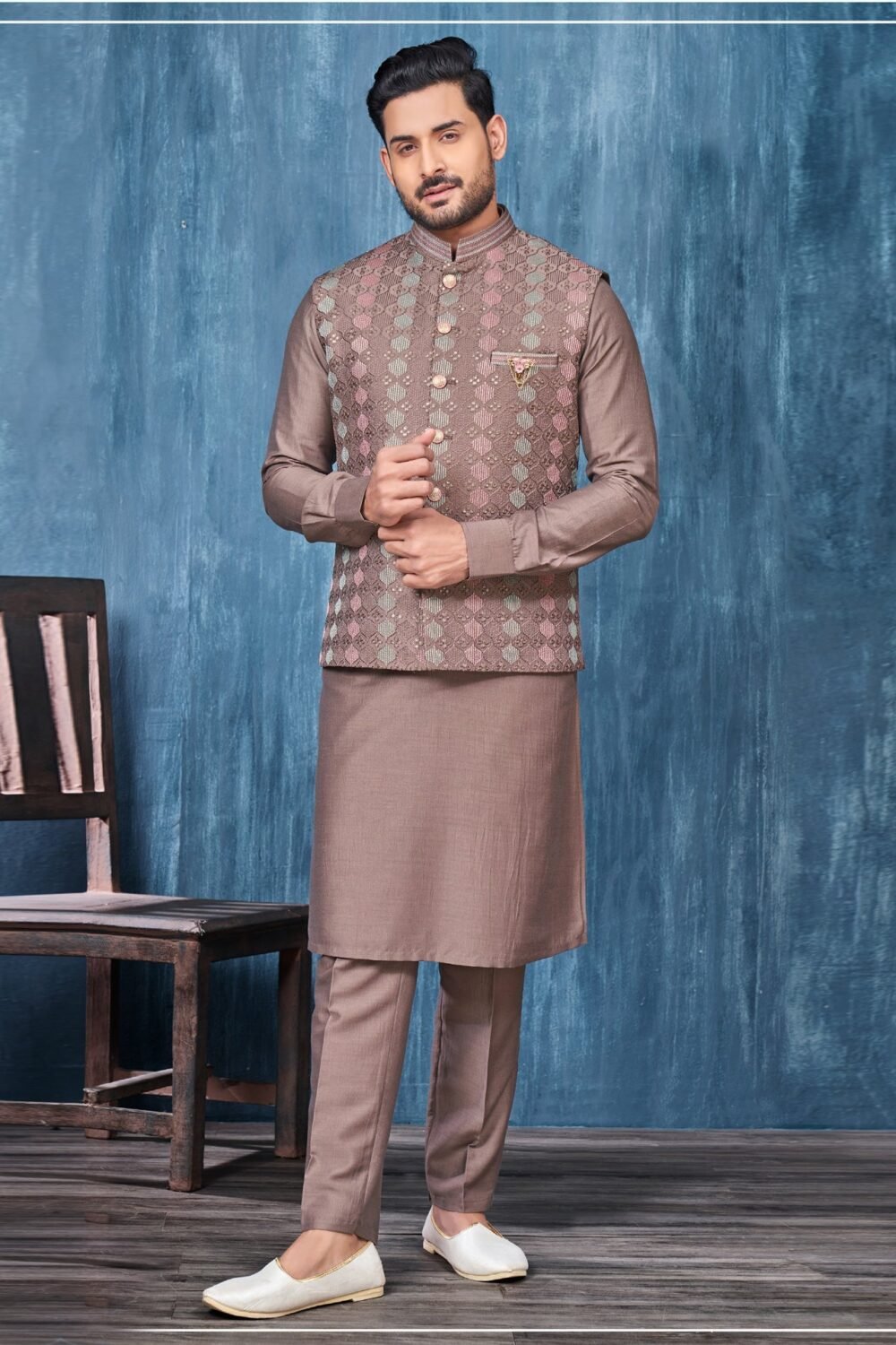 Coffee Banarasi Art Silk Man Kurta Pajama With Embroidered Jacket