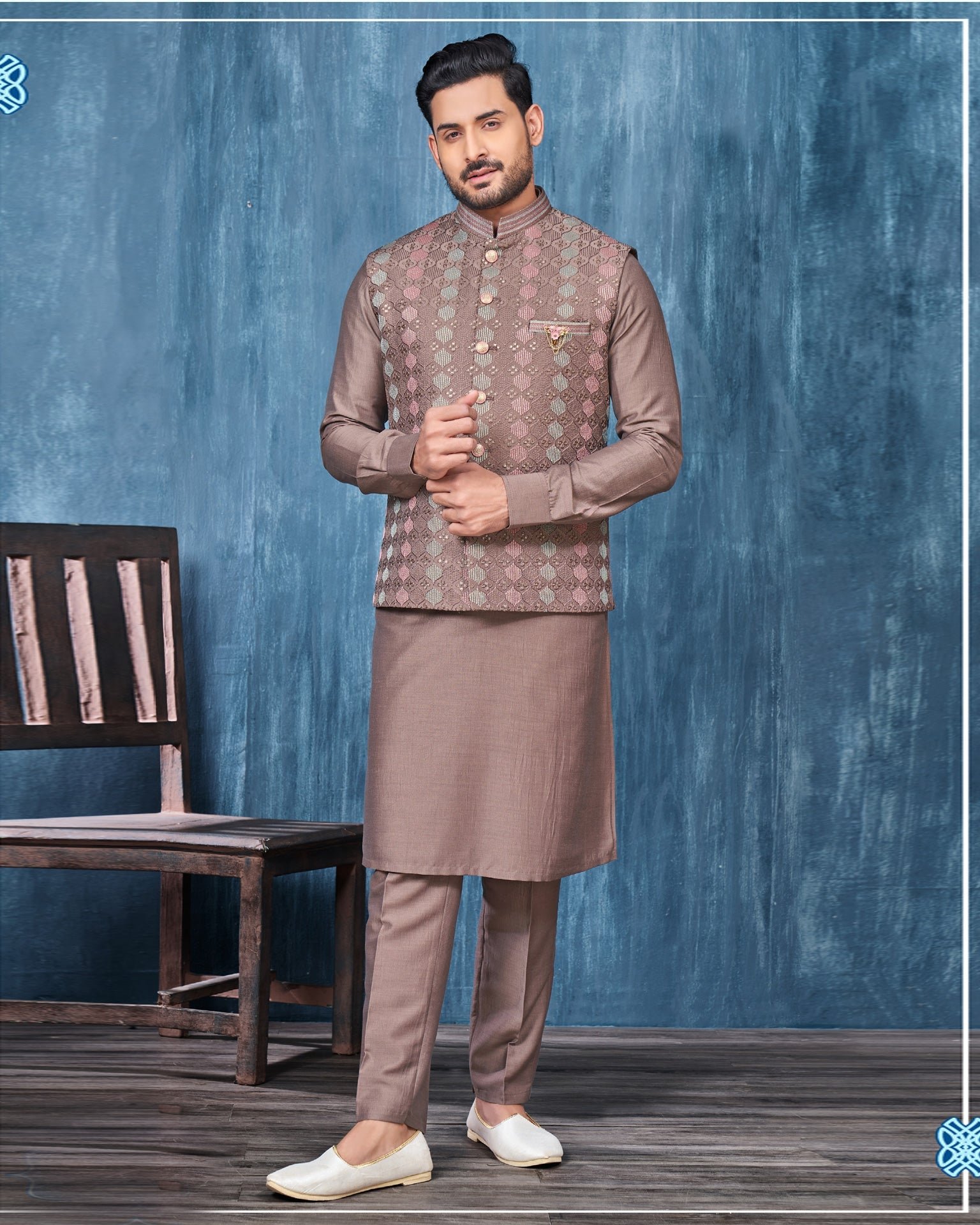 Coffee Banarasi Art Silk Man Kurta Pajama With Embroidered Jacket