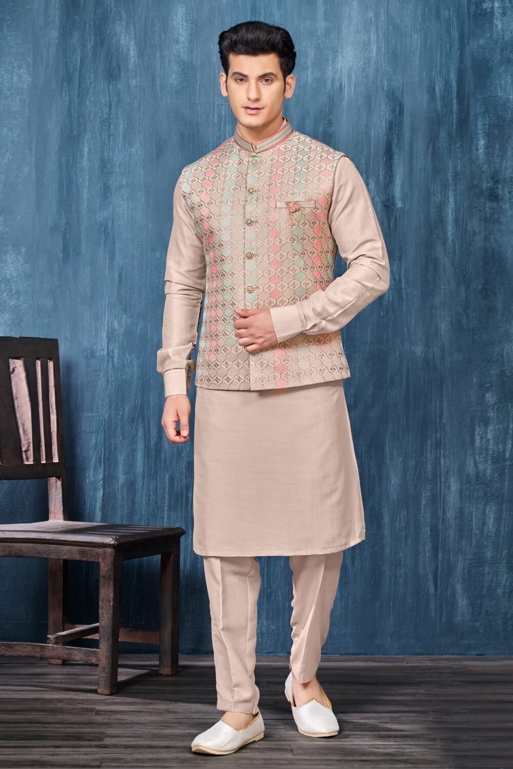 Light Beige Banarasi Art Silk Man Kurta Pajama With Embroidered Jacket