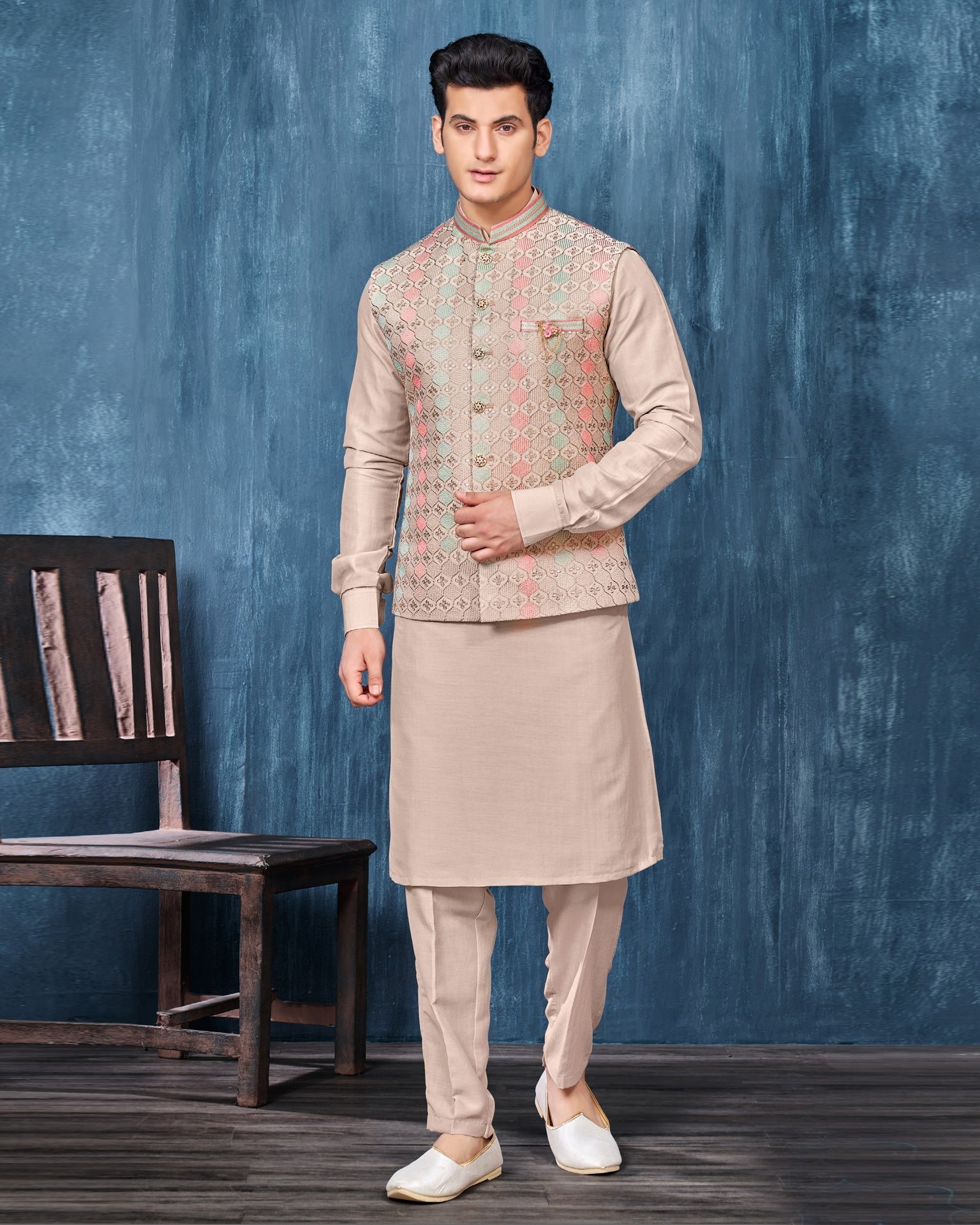 Light Beige Banarasi Art Silk Man Kurta Pajama With Embroidered Jacket