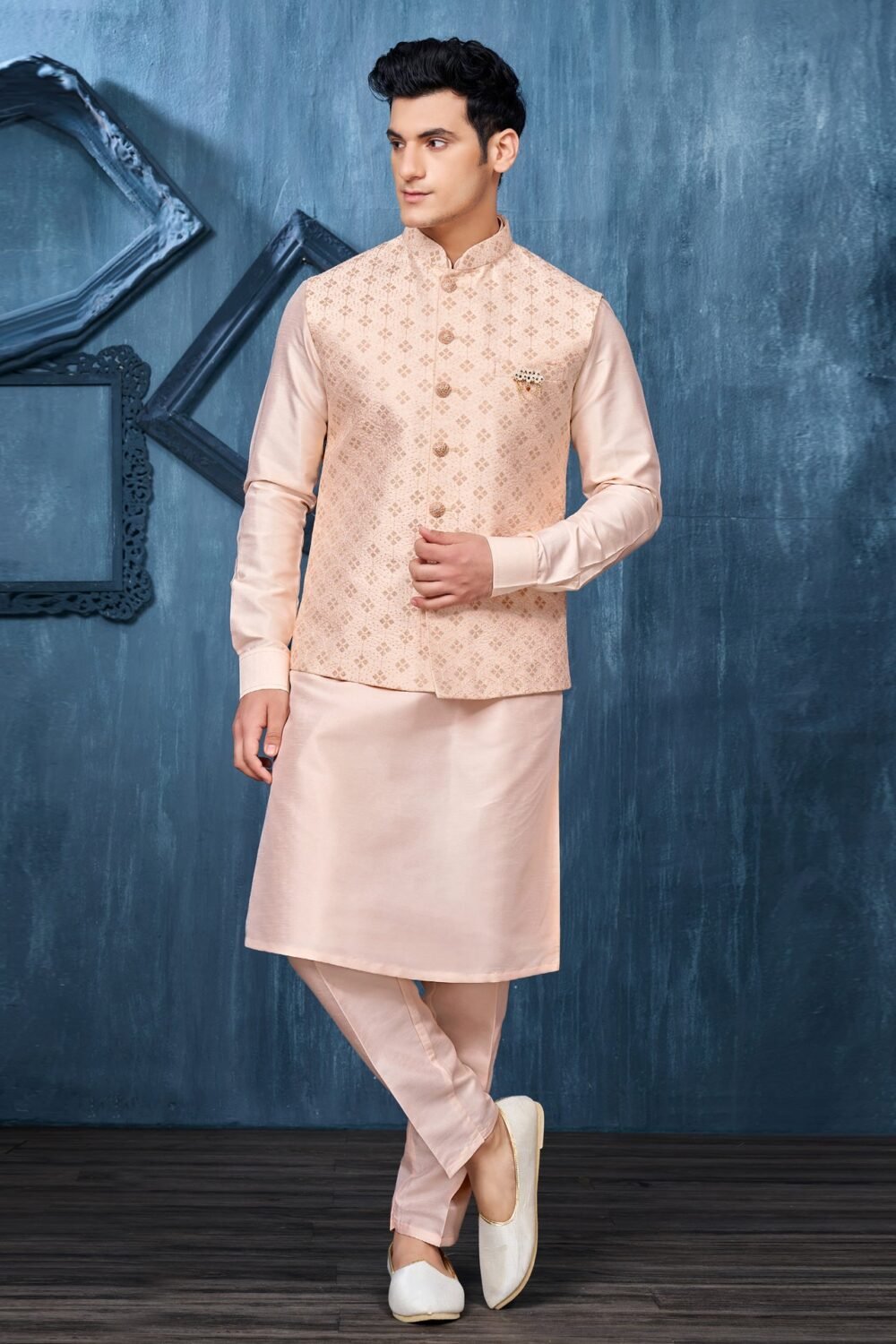 Peach Banarasi Art Silk Man Kurta Pajama With Embroidered Jacket