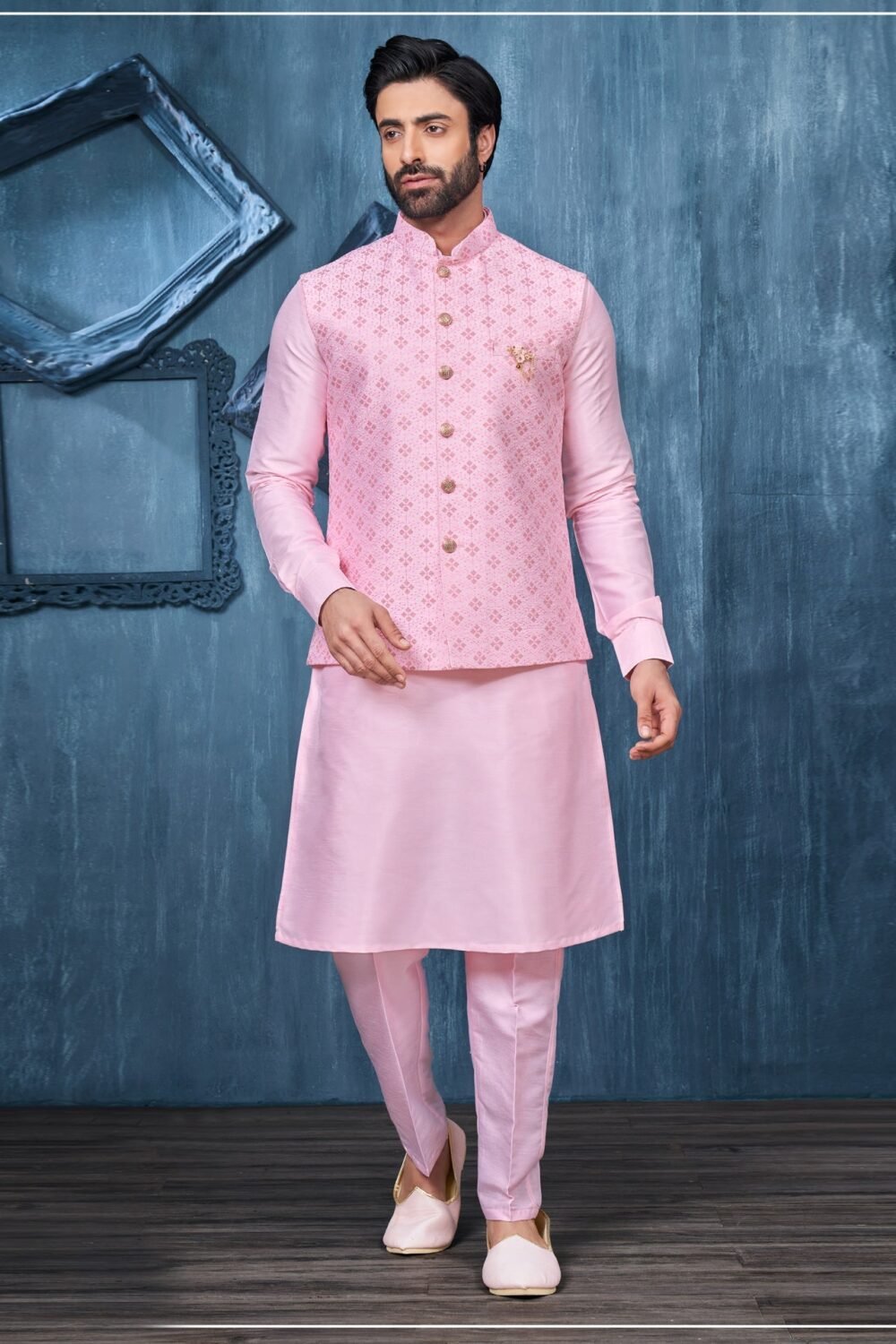 Pink Banarasi Art Silk Man Kurta Pajama With Embroidered Jacket