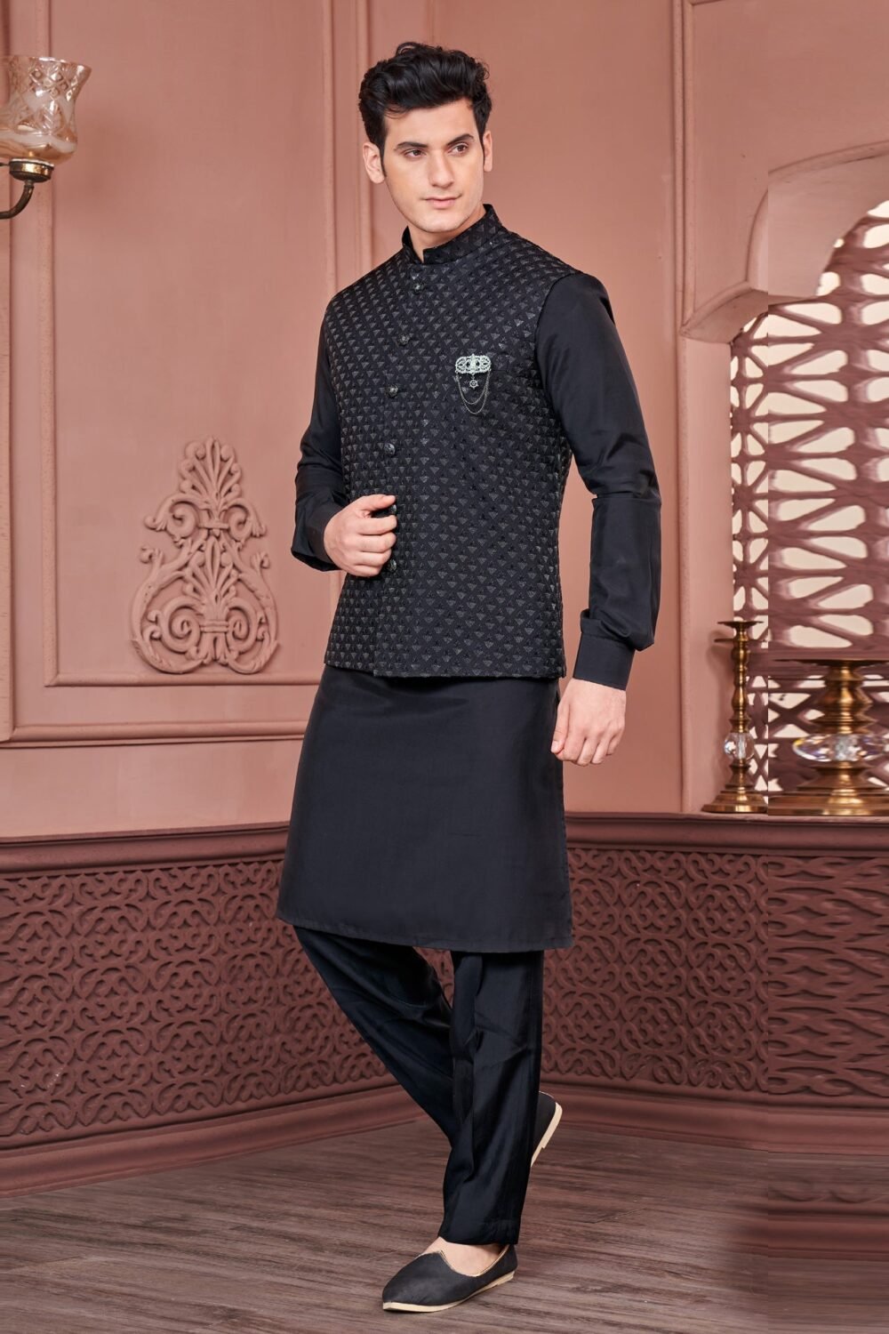 Black Banarasi Art Silk Man Kurta Pajama With Embroidered Jacket