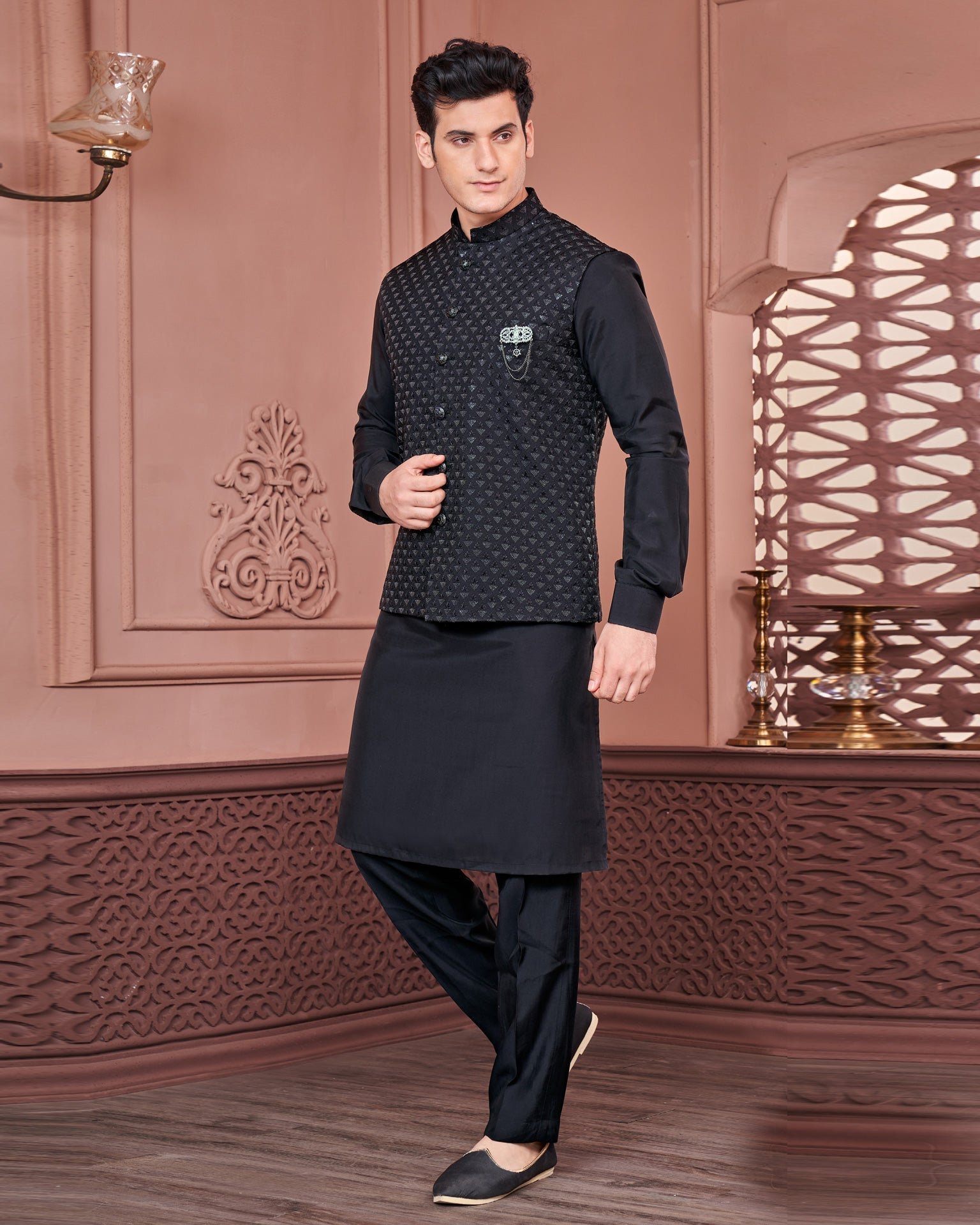 Black Banarasi Art Silk Man Kurta Pajama With Embroidered Jacket