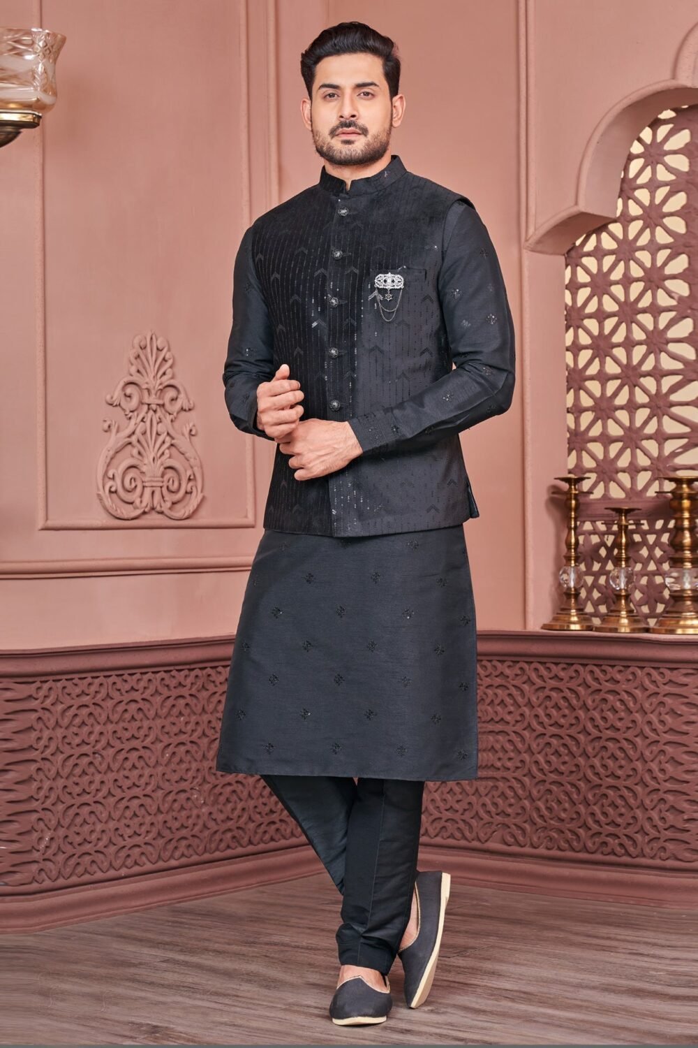 Black Banarasi Art Silk Man Kurta Pajama With Embroidered Jacket
