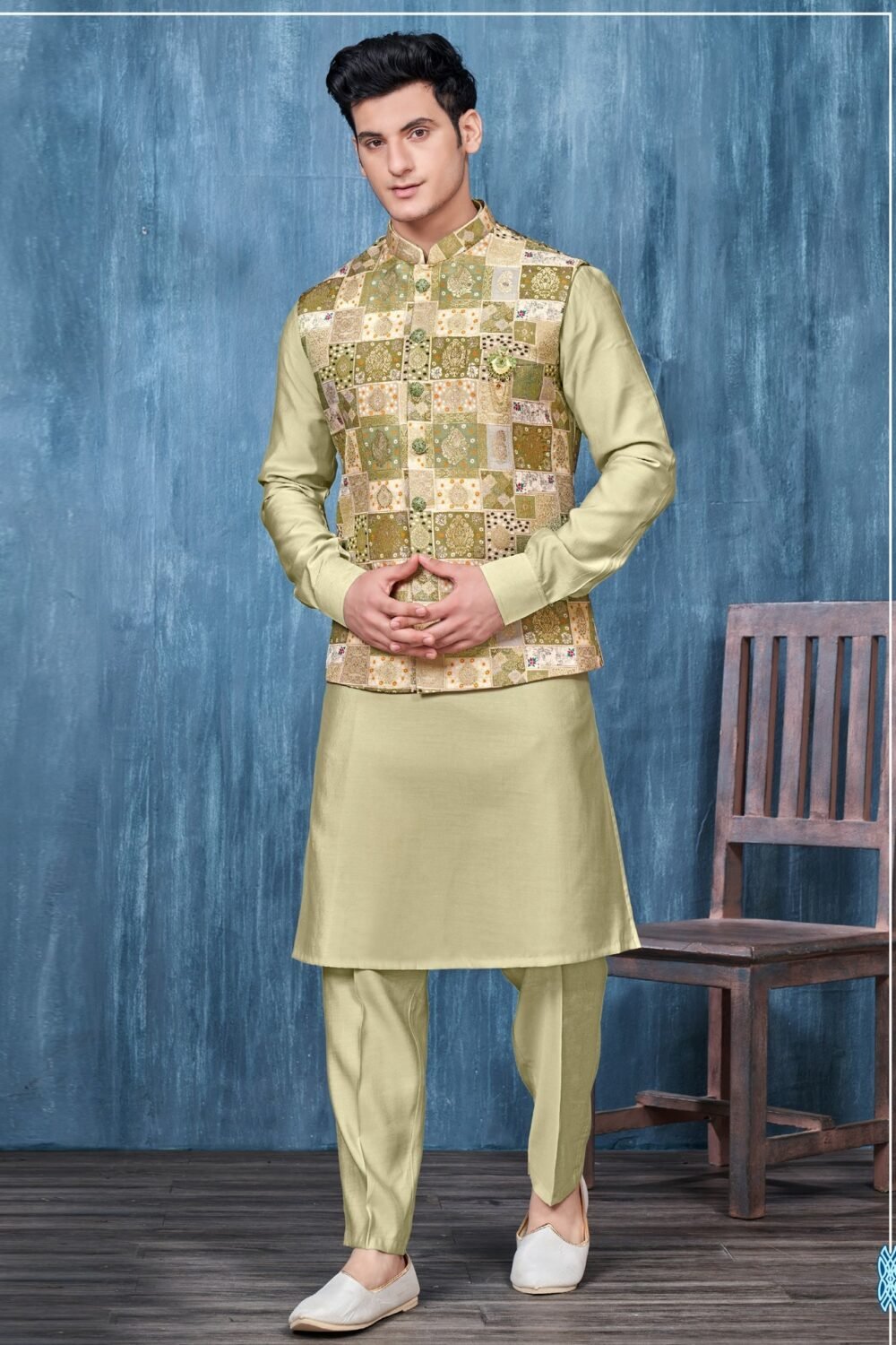 Pista Green Banarasi Art Silk Man Readymade Kurta Pajama With Digital Print Jacquard Jacket