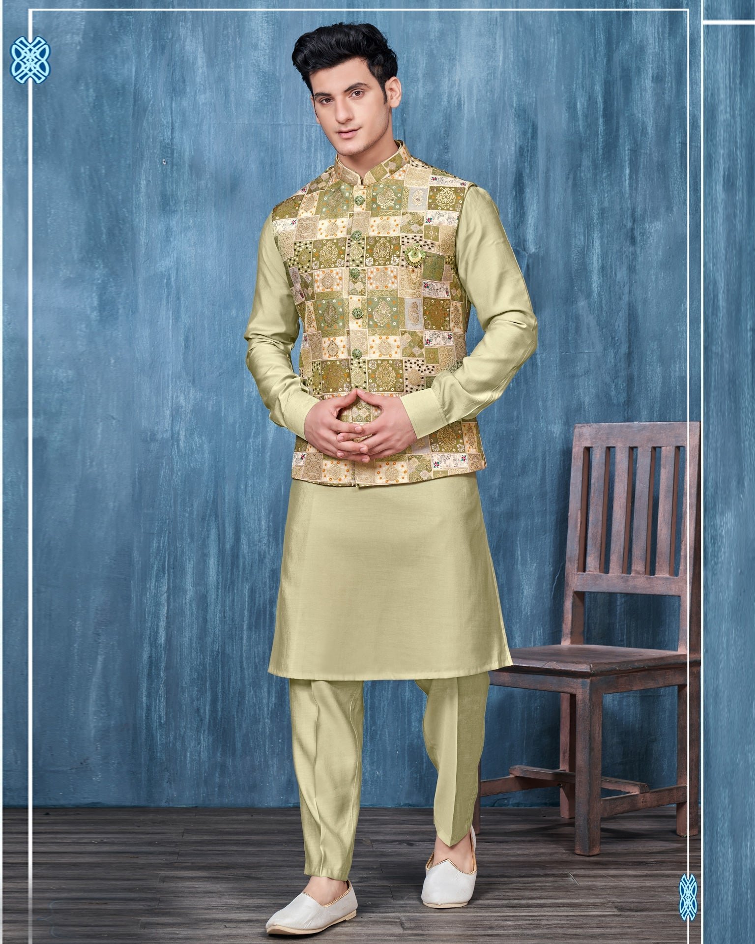 Pista Green Banarasi Art Silk Man Readymade Kurta Pajama With Digital Print Jacquard Jacket